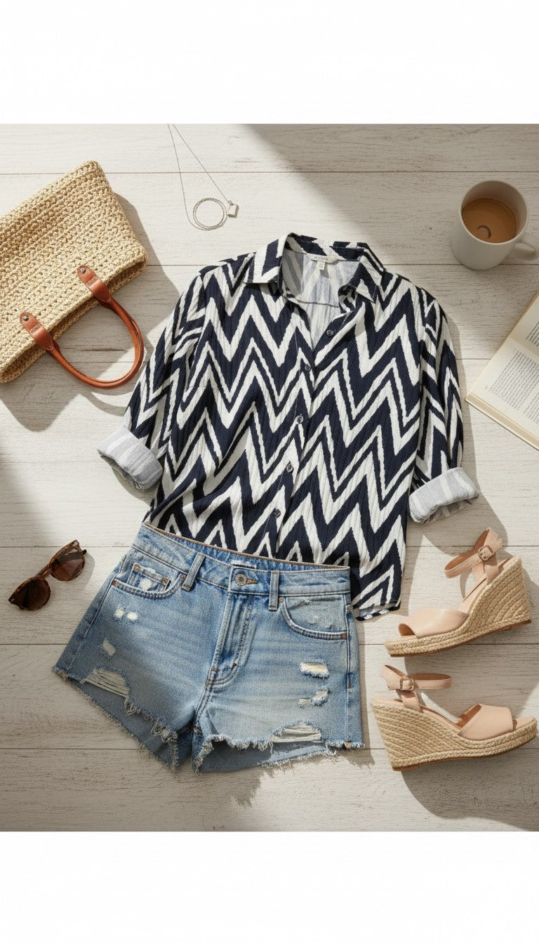Chico’s Button-Up Blouse | Size S flatlay of outfit at Blue Sparrow Shop