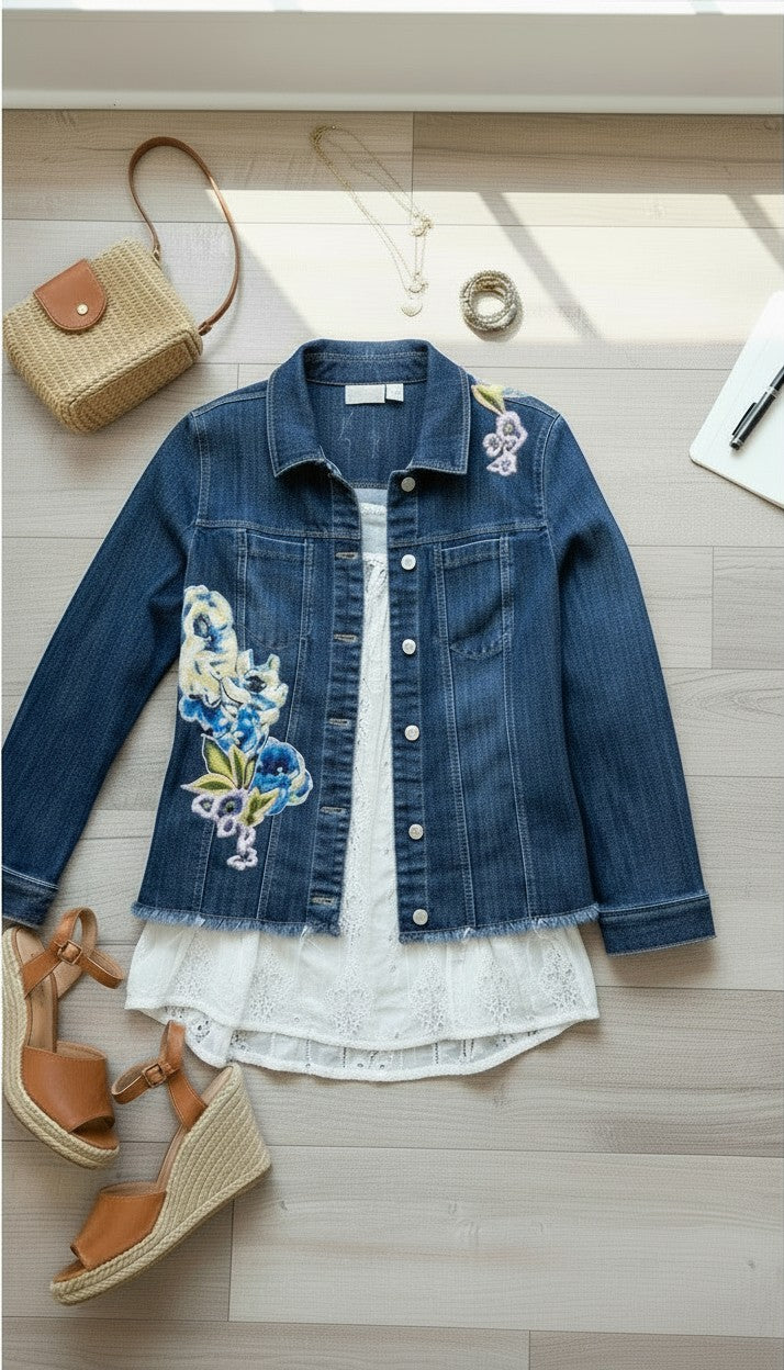 Chico’s Embroidered Denim Jacket | Size L flatlay with shoes, purse and white top