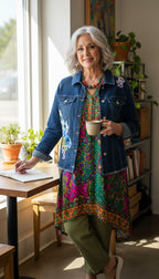 Chico’s Embroidered Denim Jacket | Size L on woman wearing funky outfit 