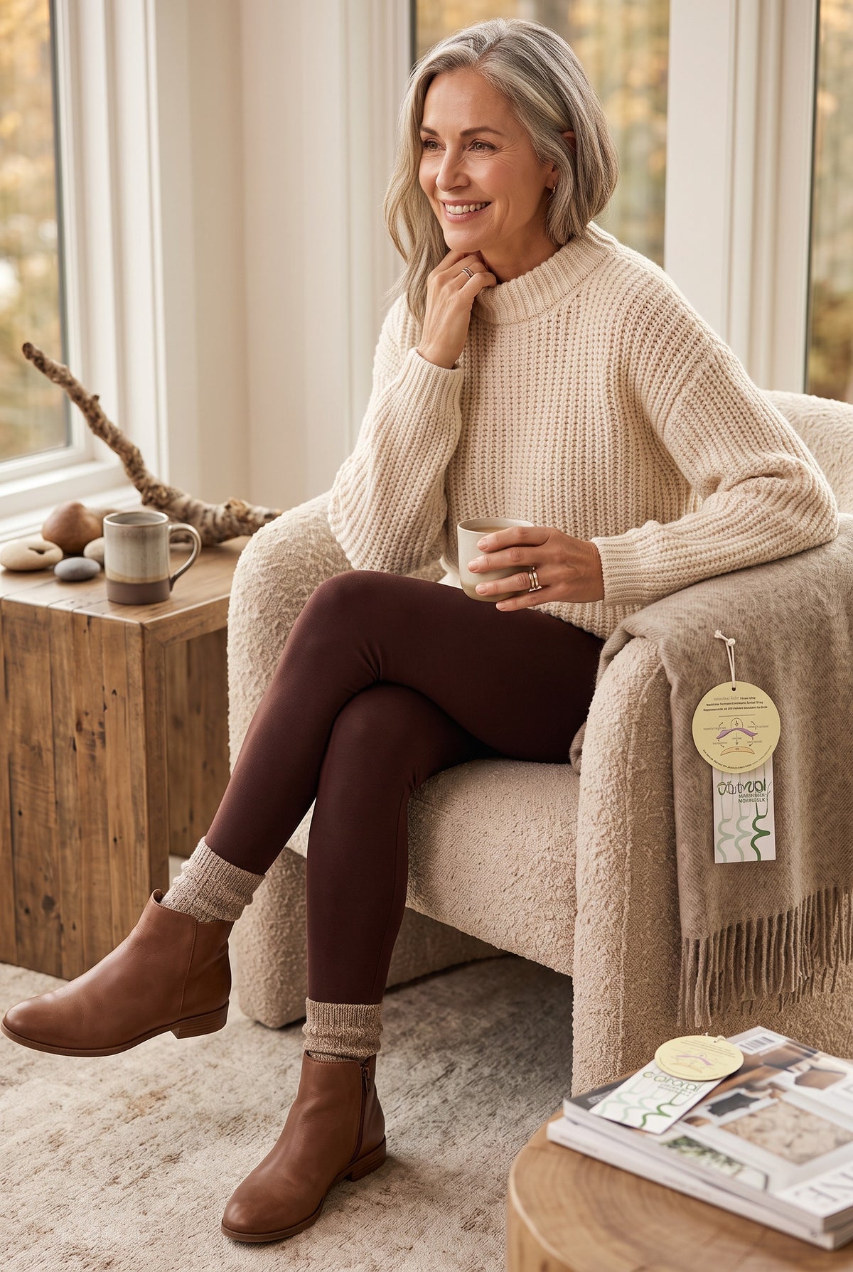 Chocolate brown coloured Bamboo leggings by C'est Moi  on woman dressed cozy for fall sipping tea 
