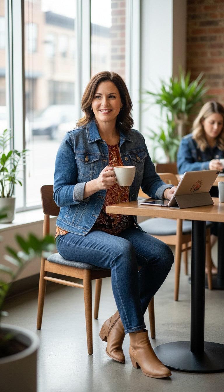 Christopher & Banks Bohemian Sleeveless Top | Size L on a woman wearing a denim jacket and jeans in a cafe
