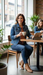 Christopher & Banks Bohemian Sleeveless Top | Size L on a woman wearing a denim jacket and jeans in a cafe