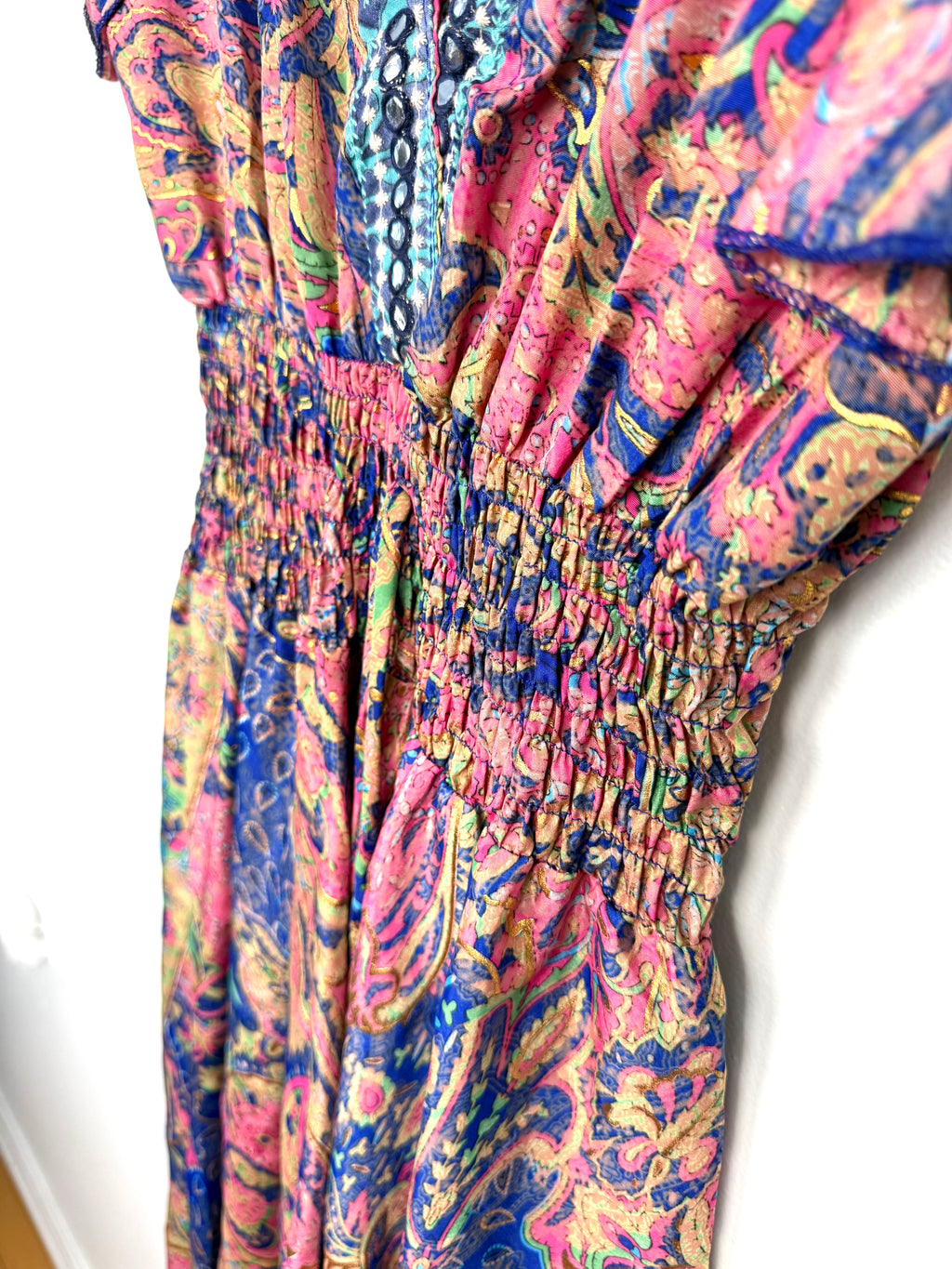 Cinched waist  on 100% art silk beaded embellished boho festival dress 
