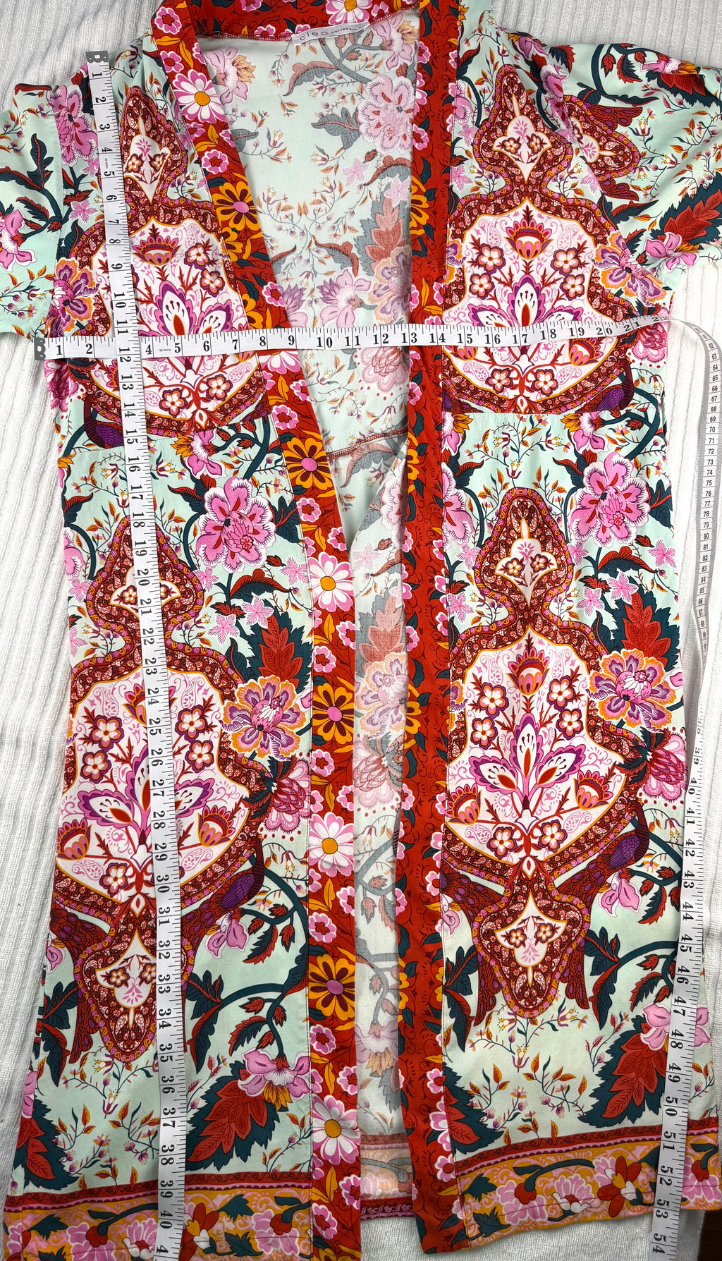 Cleo Botanical Print Long Kimono | One Size at Blue Sparrow Shop measuring 42" shoulder to hem and 44" bust