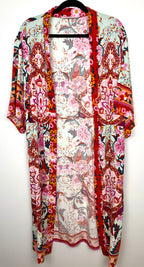 front of Cleo Botanical Print Long Kimono | One Size at Blue Sparrow Shop on hanger