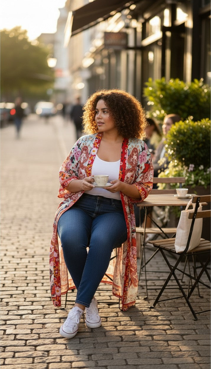 Cleo Botanical Print Long Kimono | One Size at Blue Sparrow Shop on woman at outdoor cafe