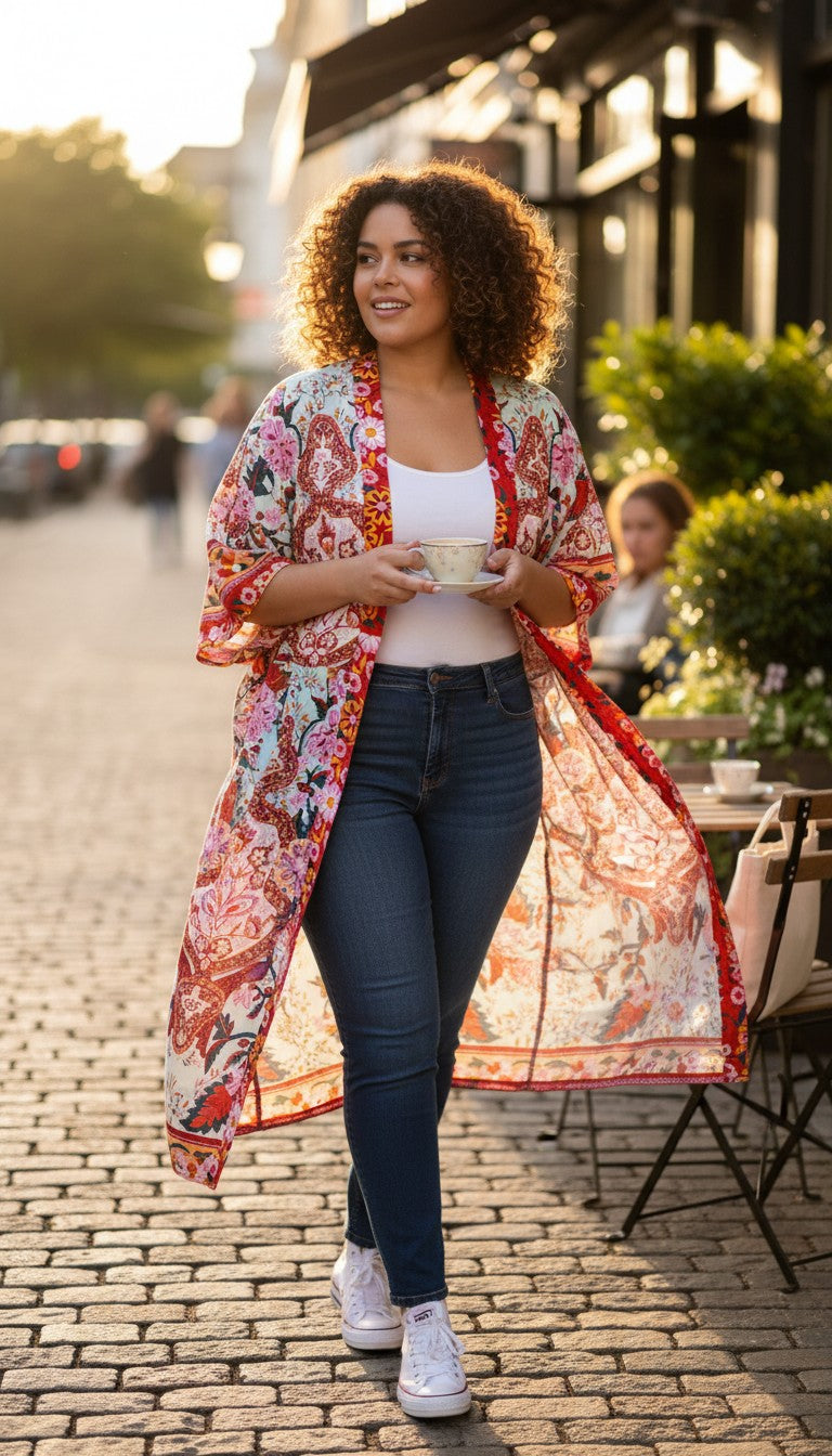 Cleo Botanical Print Long Kimono | One Size at Blue Sparrow Shop on woman walking through outdoor cafe patio 