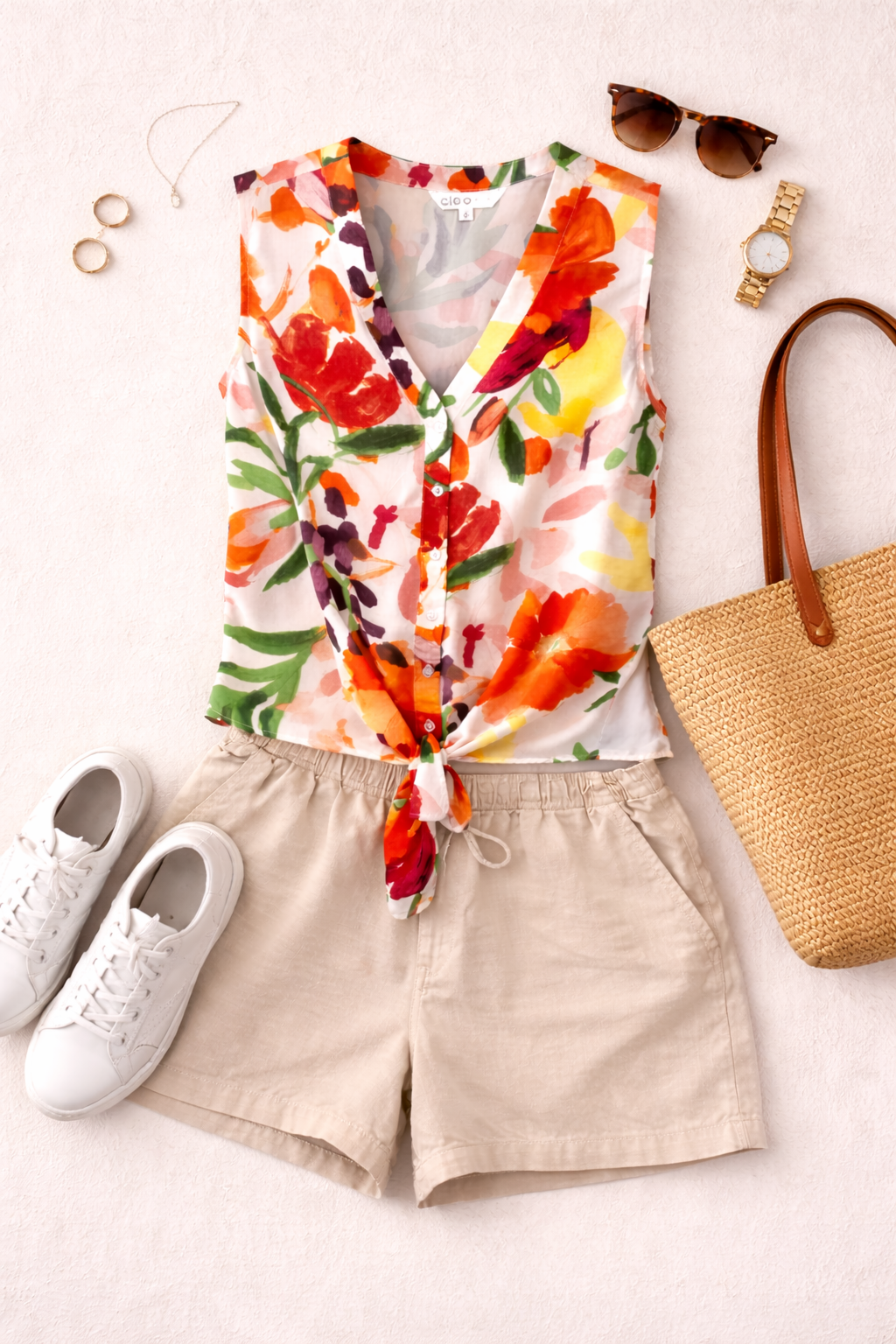 Cleo Floral Tie-Front Blouse | Size S at Blue Sparrow Shop on flatlay with bag, runners, shorts
