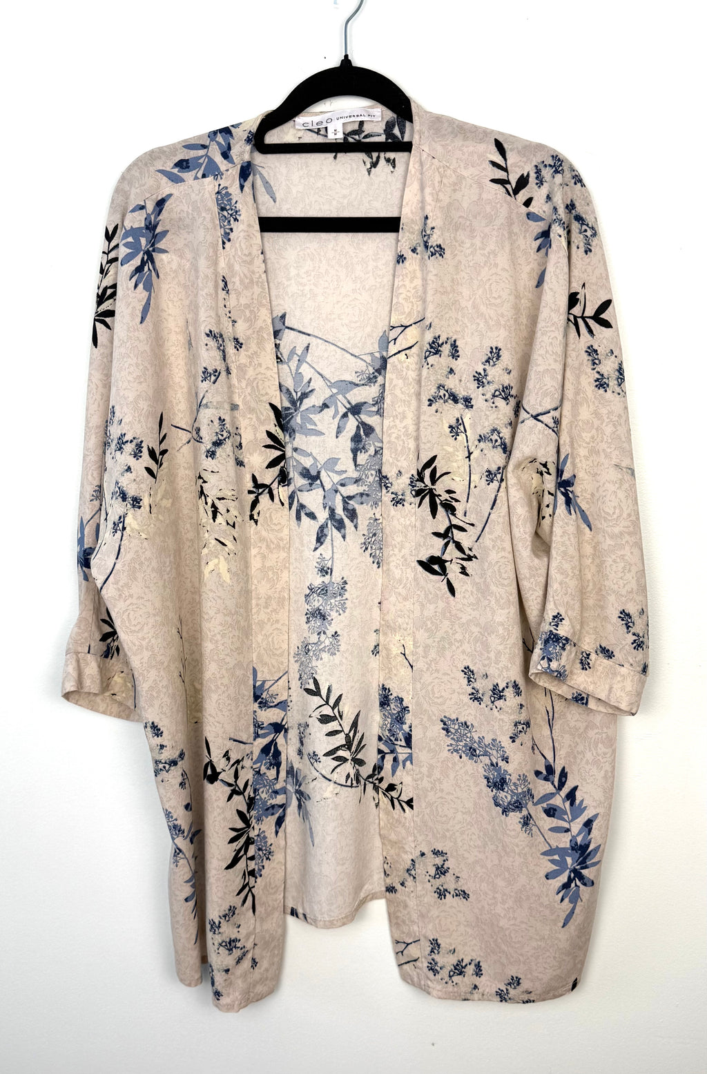 Cleo Universal Fit floral kimono cardigan women medium beige blue botanical open front lightweight workwear layer