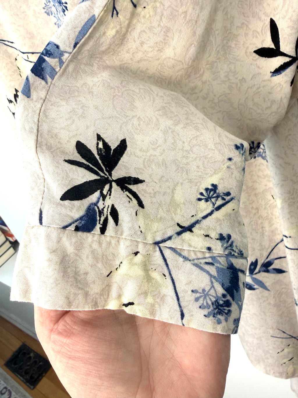Cleo kimono sleeve detail beige floral cardigan blue botanical print lightweight rayon blouse layering piece