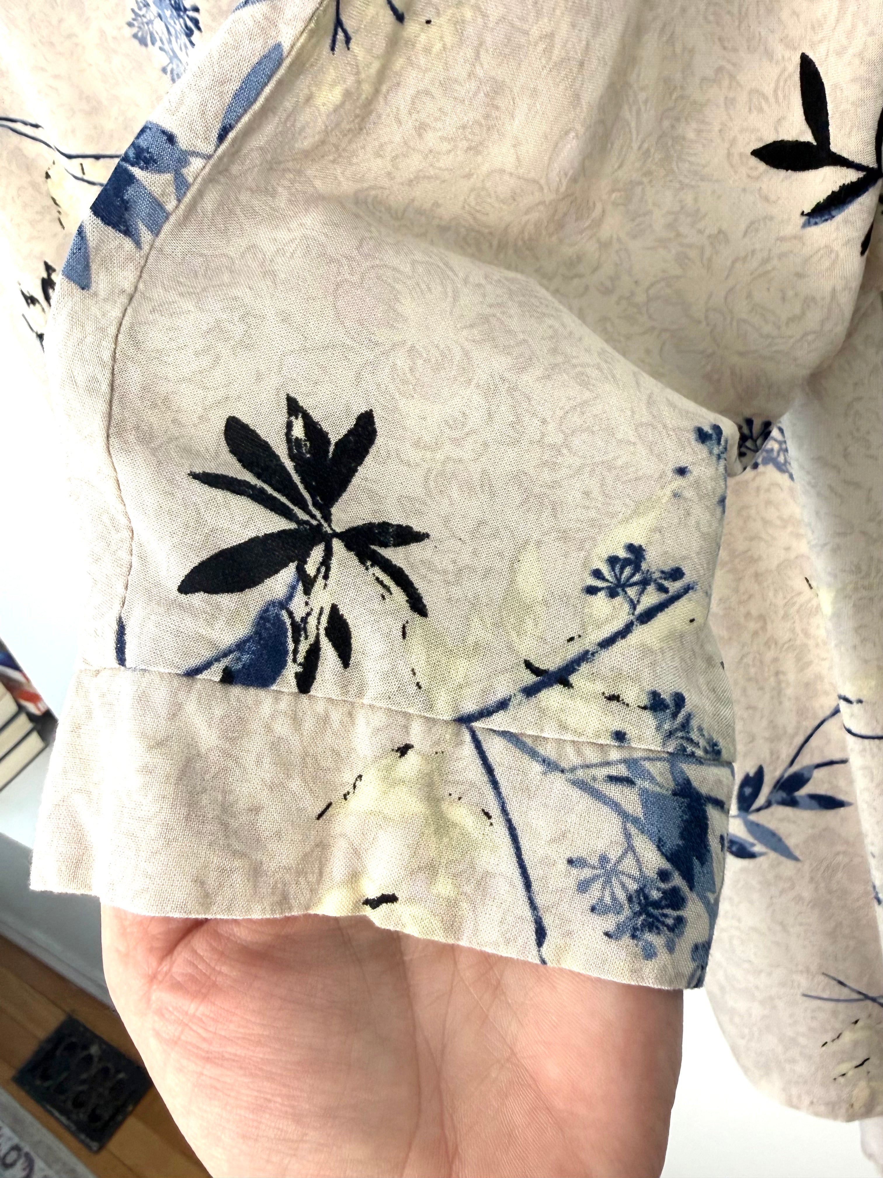 Cleo kimono sleeve detail beige floral cardigan blue botanical print lightweight rayon blouse layering piece