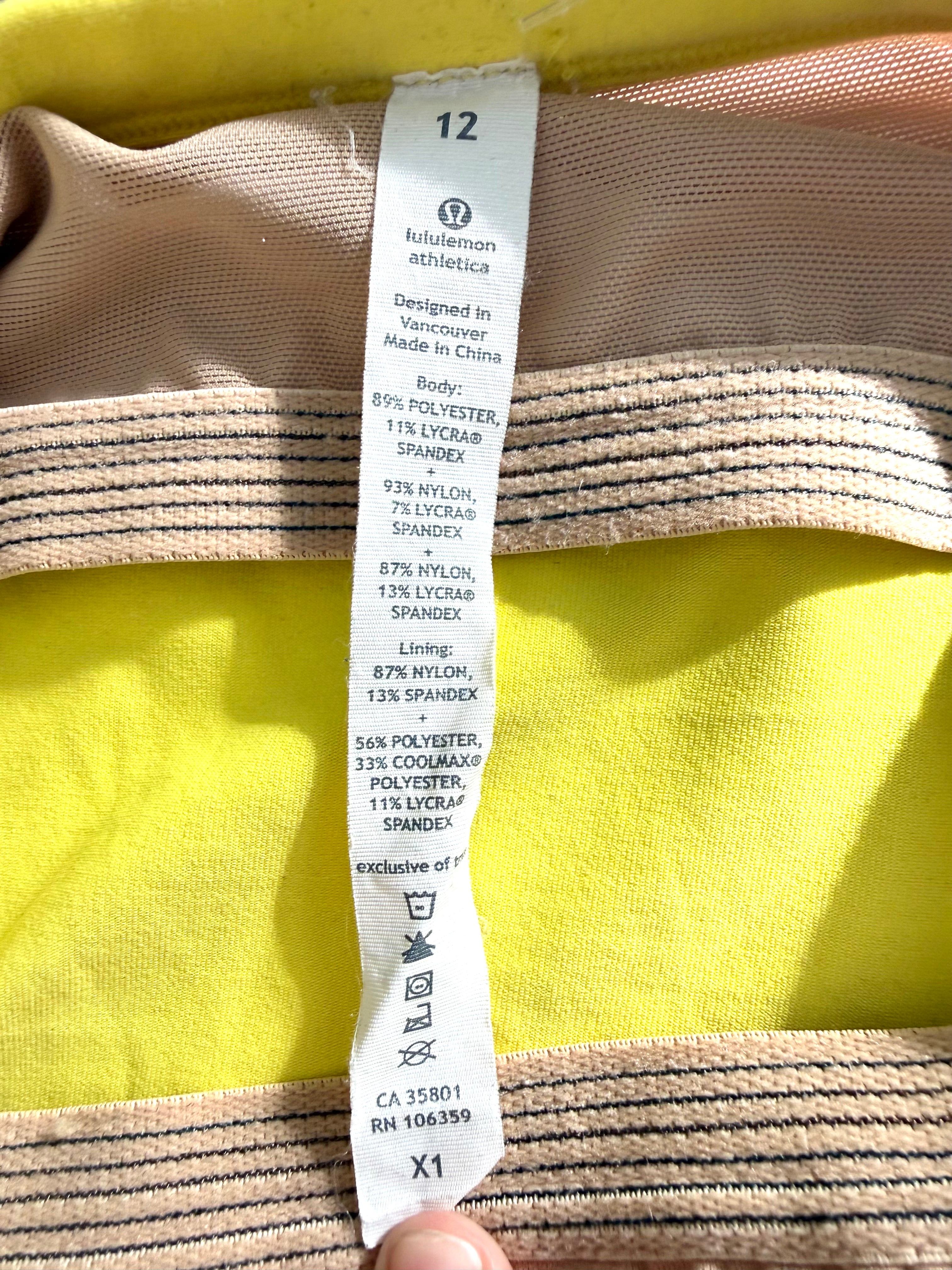 Lululemon size 12 tag Lycra spandex fabric content designed in Vancouver