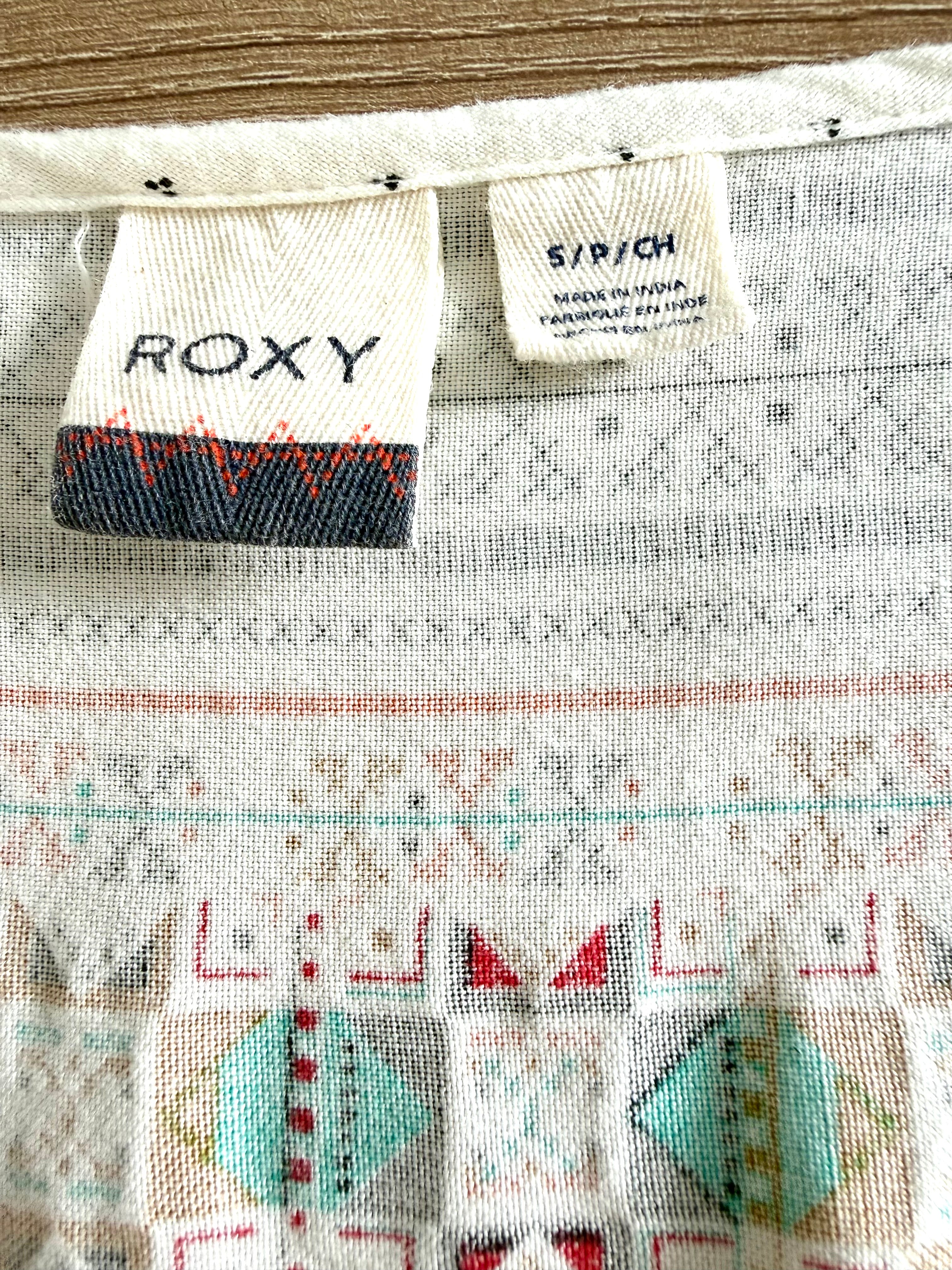 Roxy size small S brand tag close up