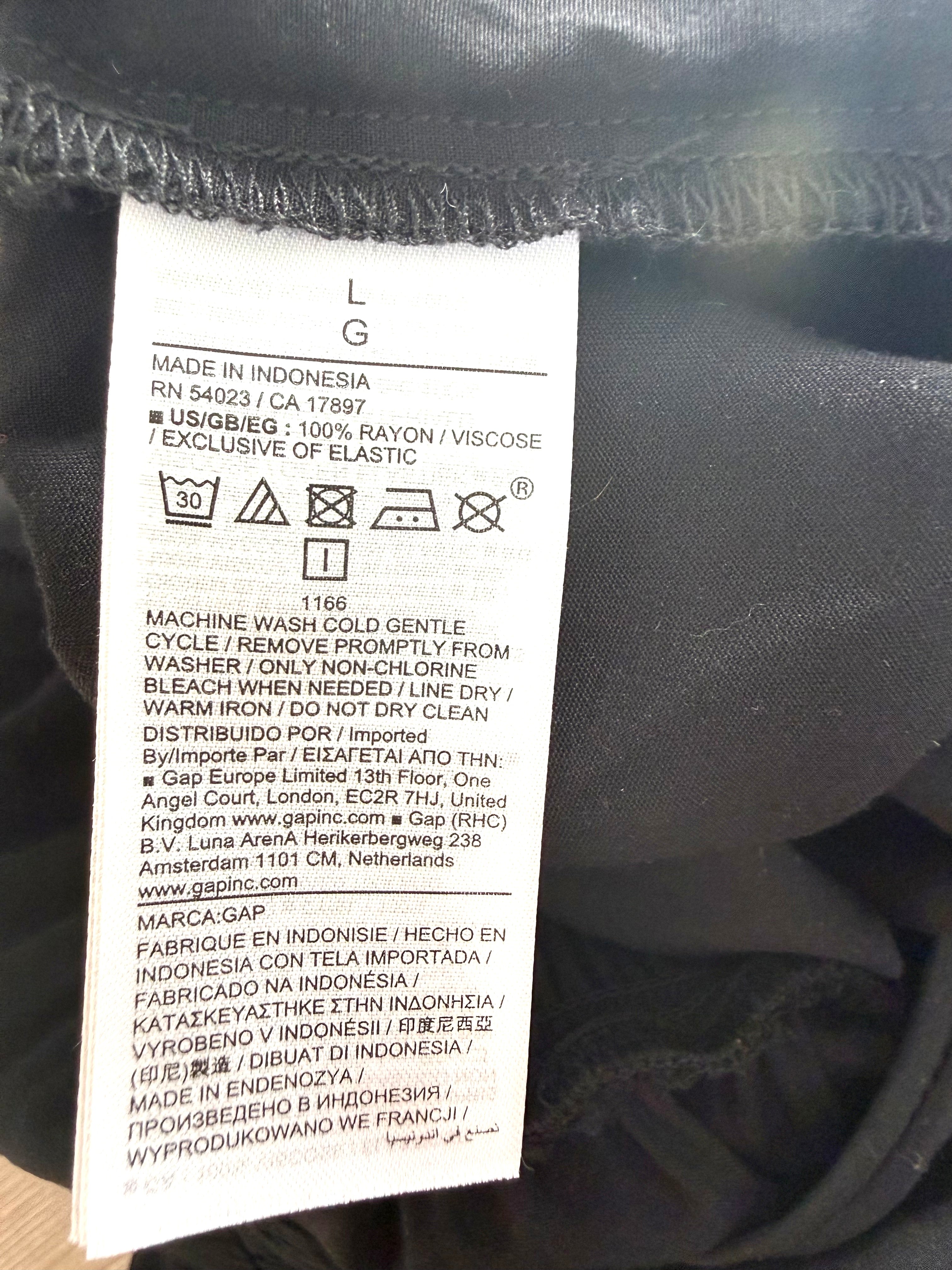 GAP jumpsuit fabric label 100 percent rayon viscose care instructions made in Indonesia