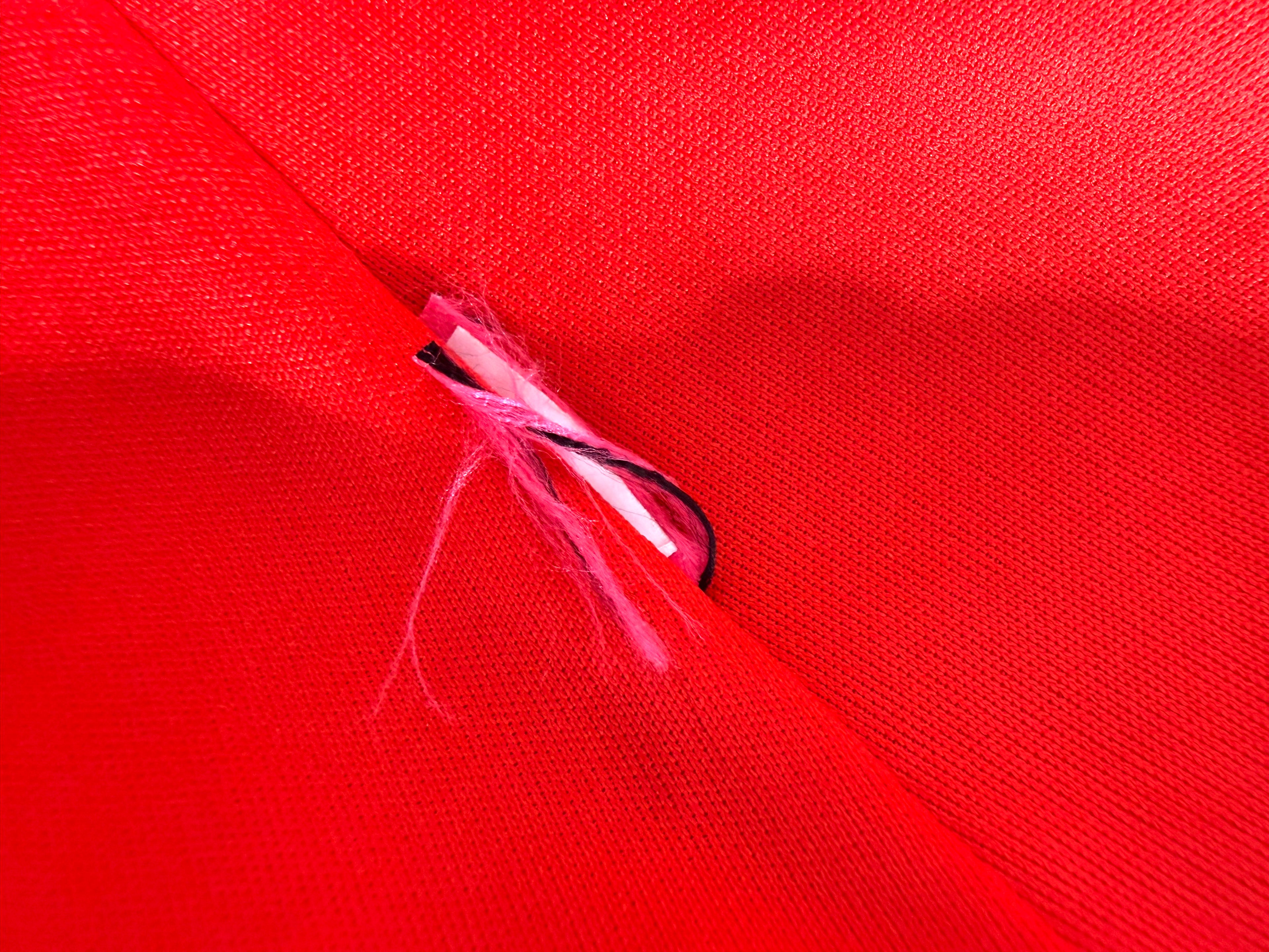 Close-up of red textured fabric and interior seam detail on Betsey Johnson dress.