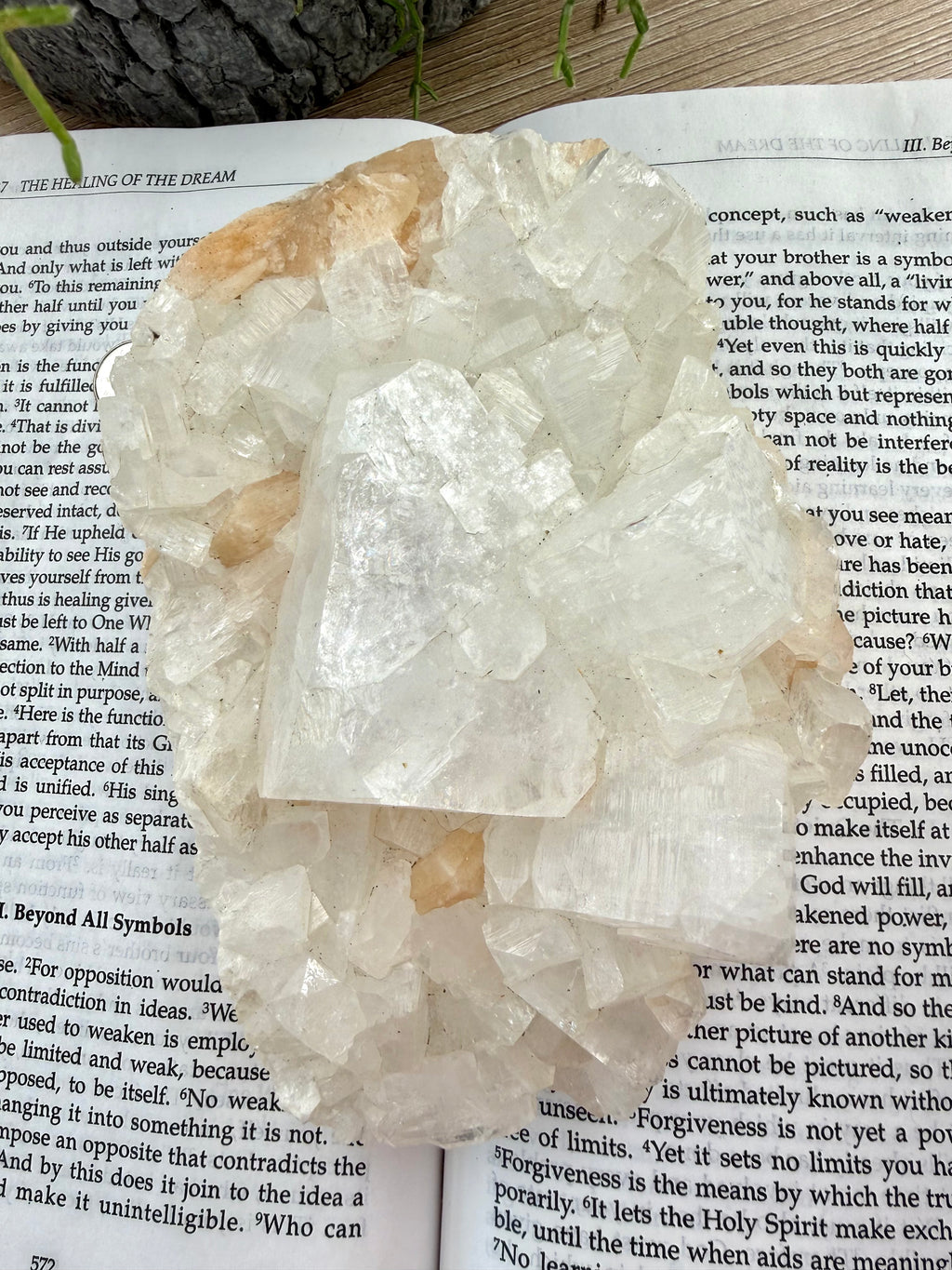 Apophyllite crystal on an open book with a natural background