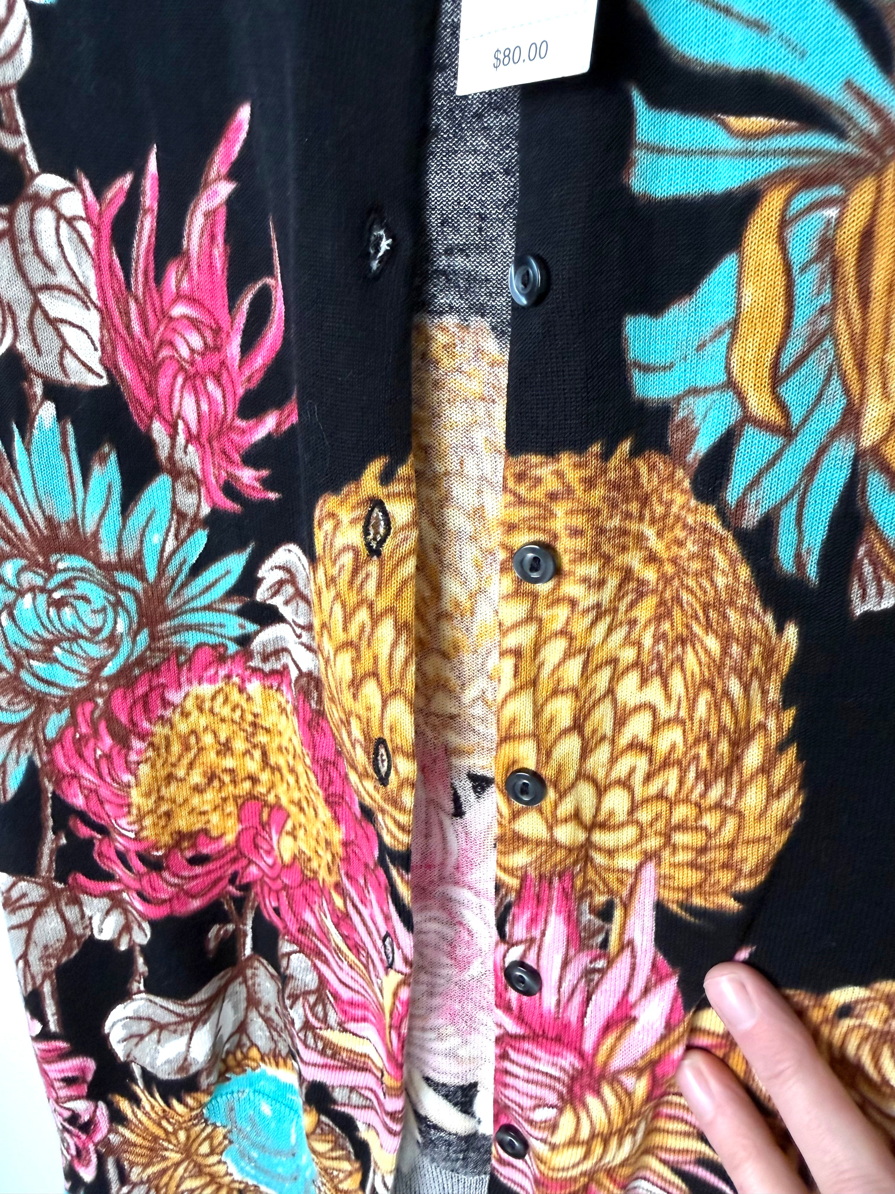 Close up of buttons on 100% cotton NWT floral Lord & Taylor cardigan 