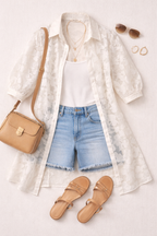 Club Monaco Brocade Look Jacket or Dress | Size 8 at Blue Sparrow Shop on flatlay with denim shorts, purse, sandals