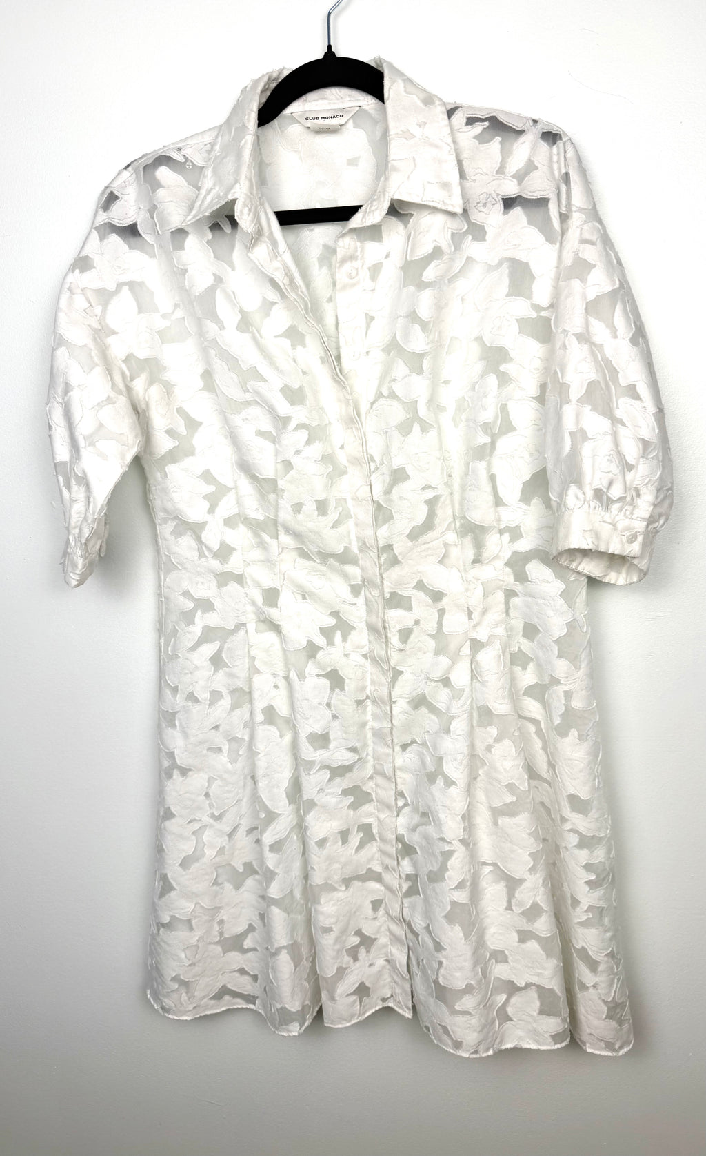 Club Monaco white burnout shirt dress with brocade pattern  on hanger