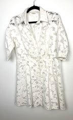 Club Monaco white burnout shirt dress with brocade pattern  on hanger