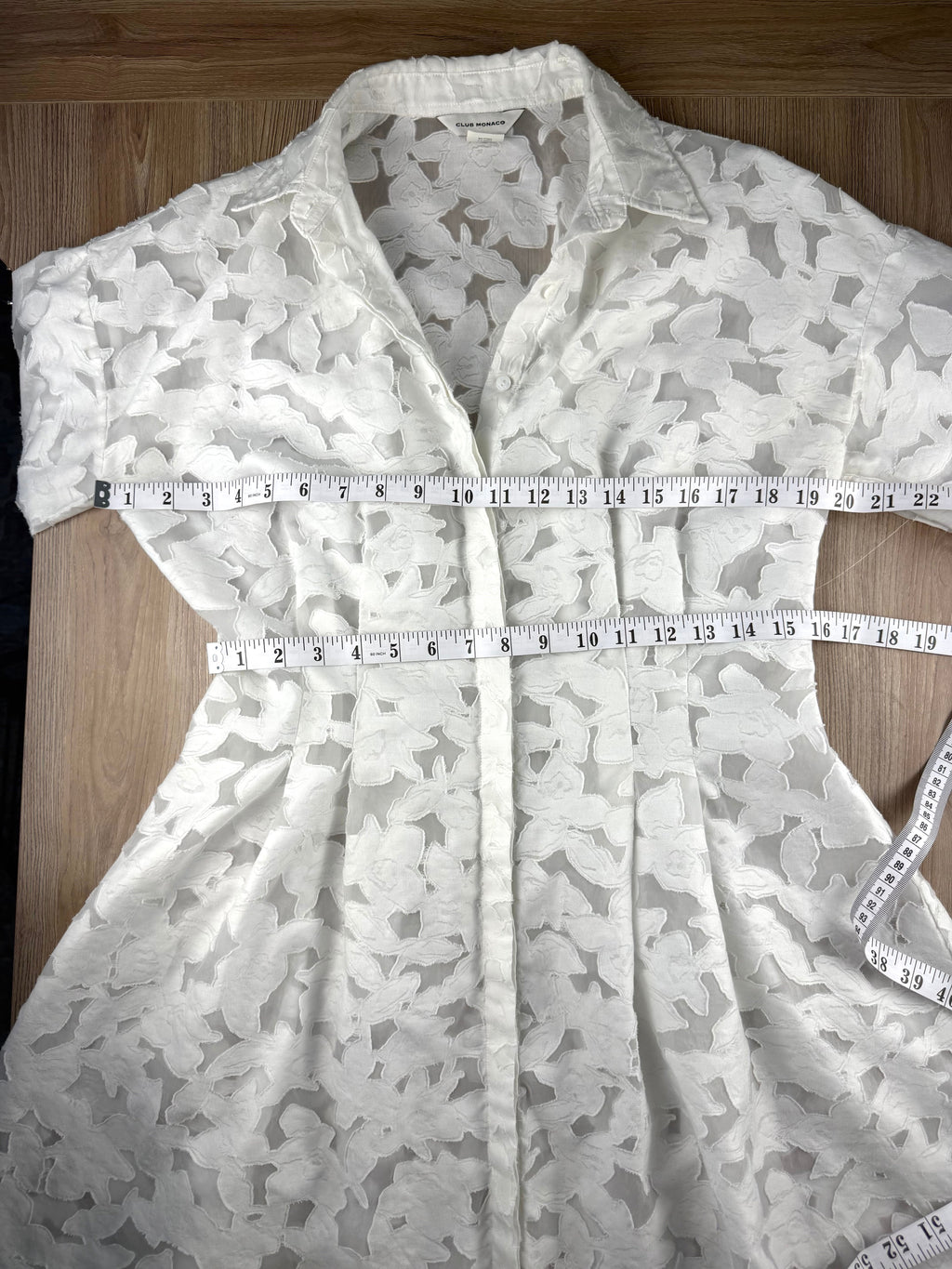 Club Monaco white burnout shirt dress with brocade pattern  measuring 40" bust and 32" waist 