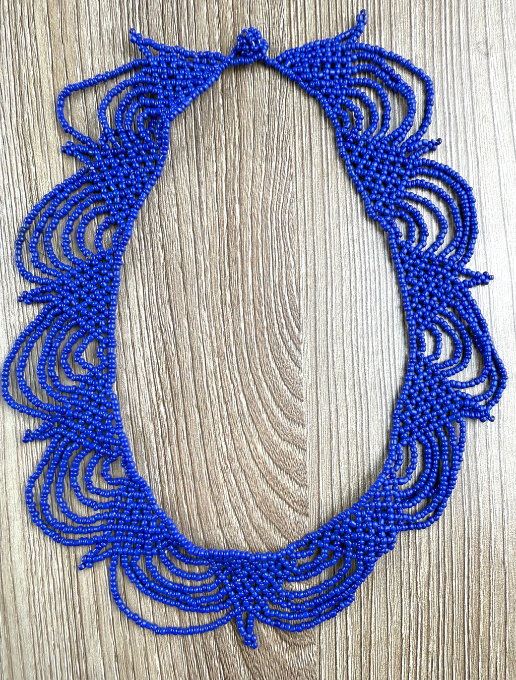Cobalt Blue Seed Bead Statement Collar Necklace on table