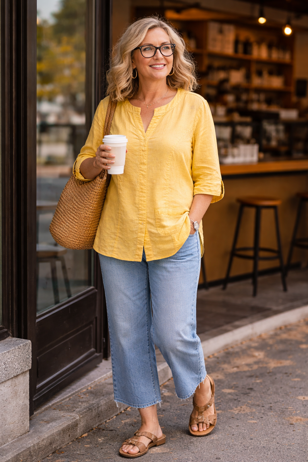 Coldwater Creek 100% Linen Tunic Top lifestyle on model in cafe