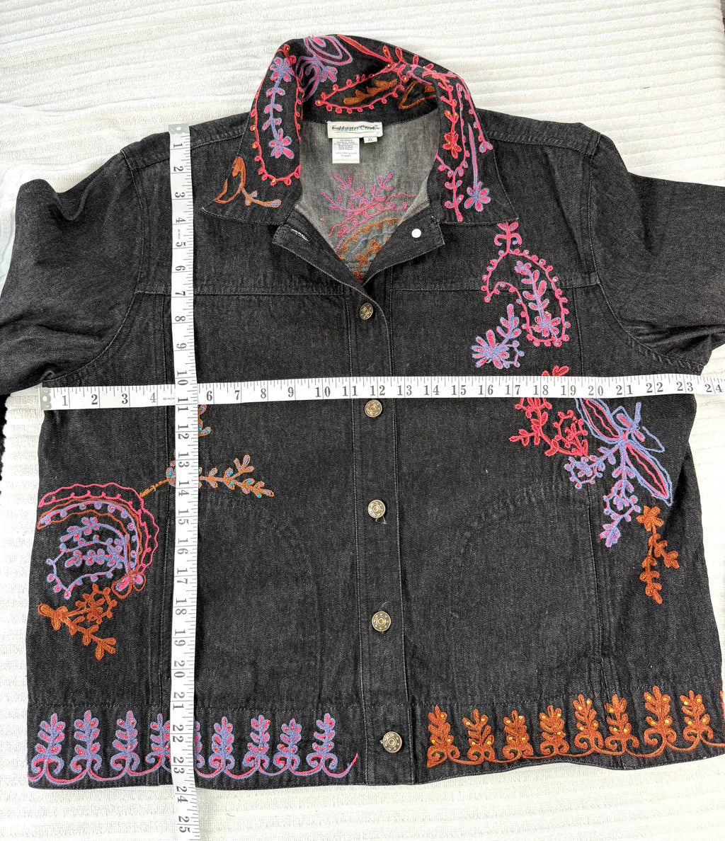 Coldwater Creek Embroidered Denim Jacket | Size XL at Blue Sparrow Shop measuring 46" bust and 24" shoulder to hem