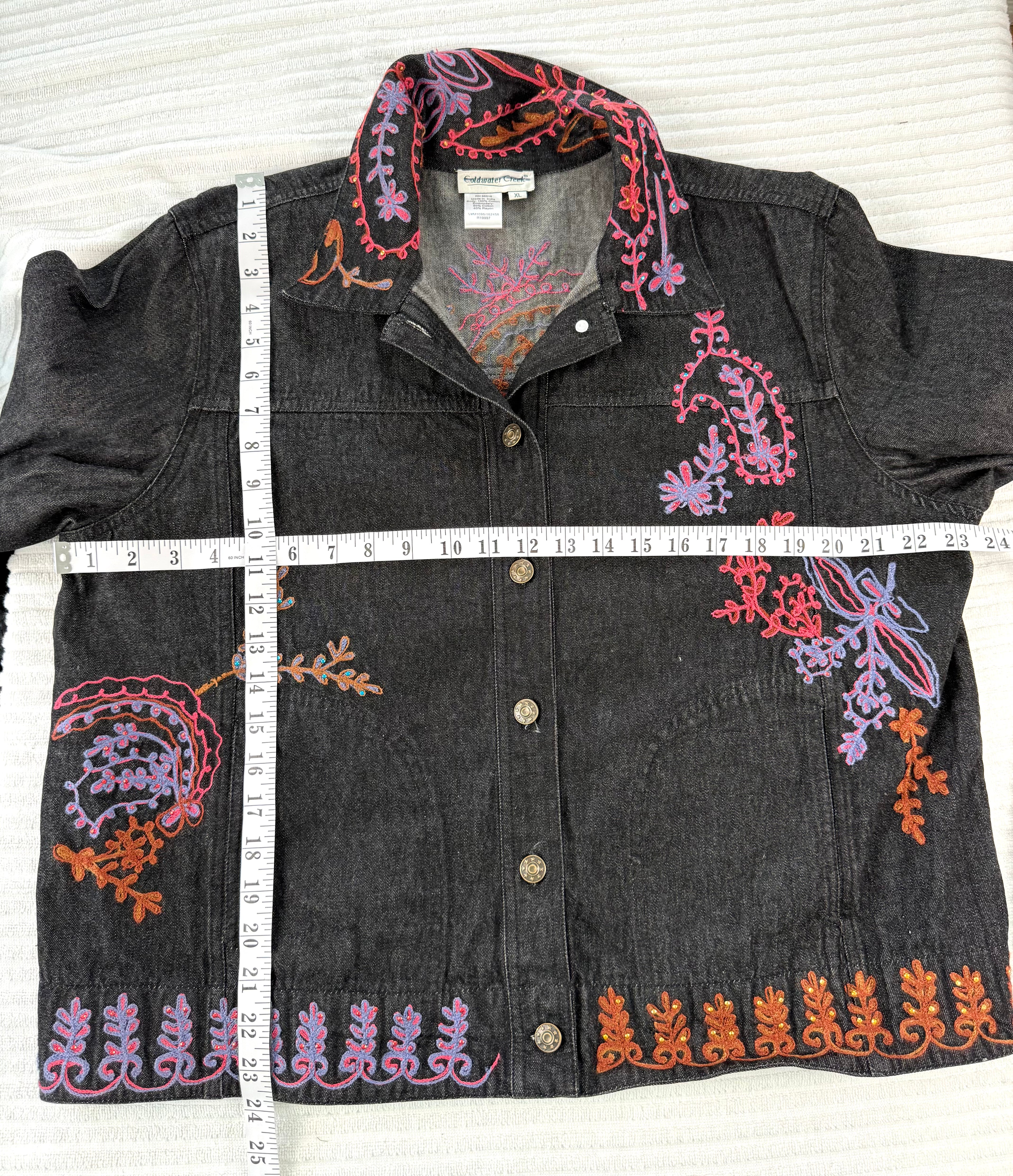 Coldwater Creek Embroidered Denim Jacket | Size XL at Blue Sparrow Shop measuring 46" bust and 24" shoulder to hem