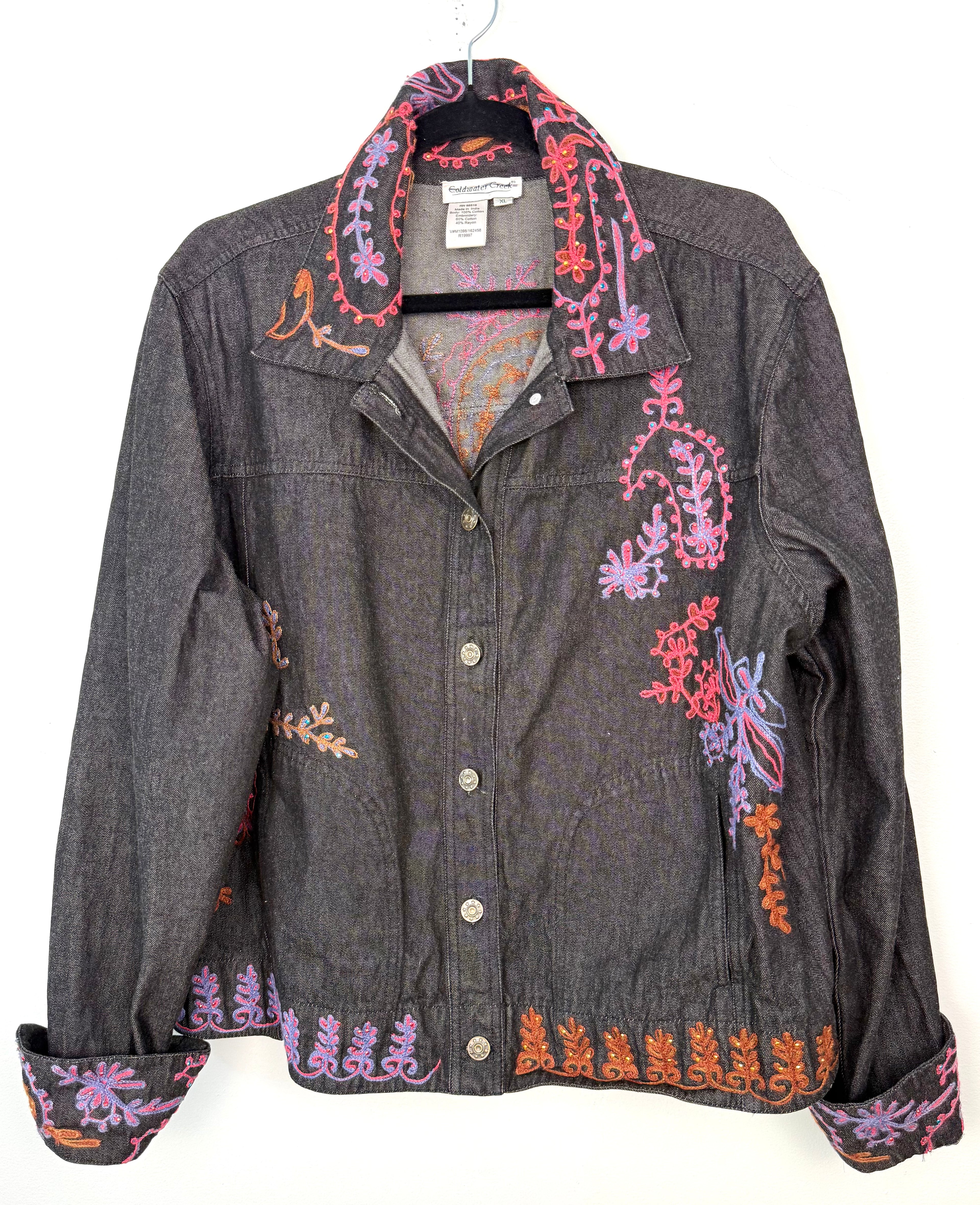 Coldwater Creek Embroidered Denim Jacket | Size XL at Blue Sparrow Shop on hanger
