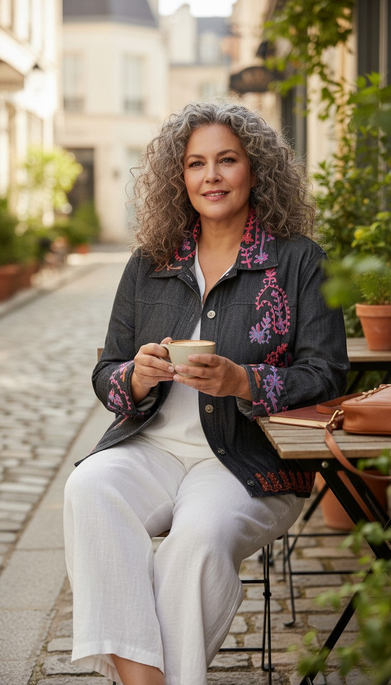 Coldwater Creek Embroidered Denim Jacket | Size XL at Blue Sparrow Shop on woman at outdoor cafe