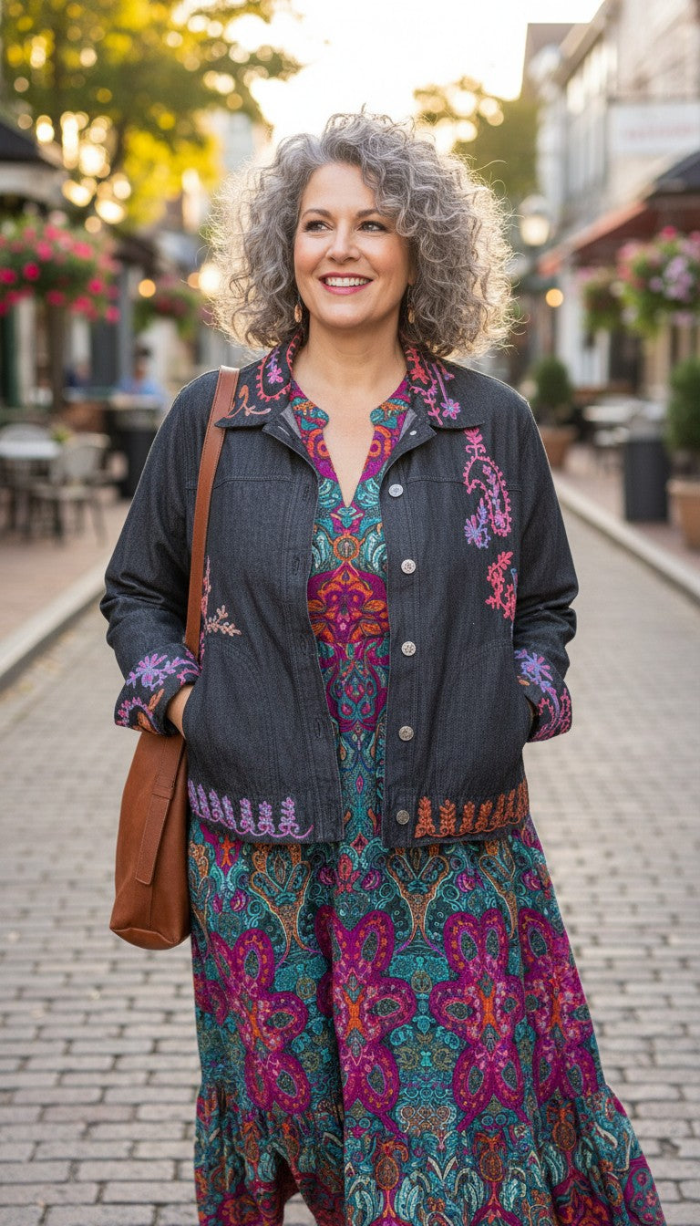 Coldwater Creek Embroidered Denim Jacket | Size XL at Blue Sparrow Shop on woman in funky colourful dress