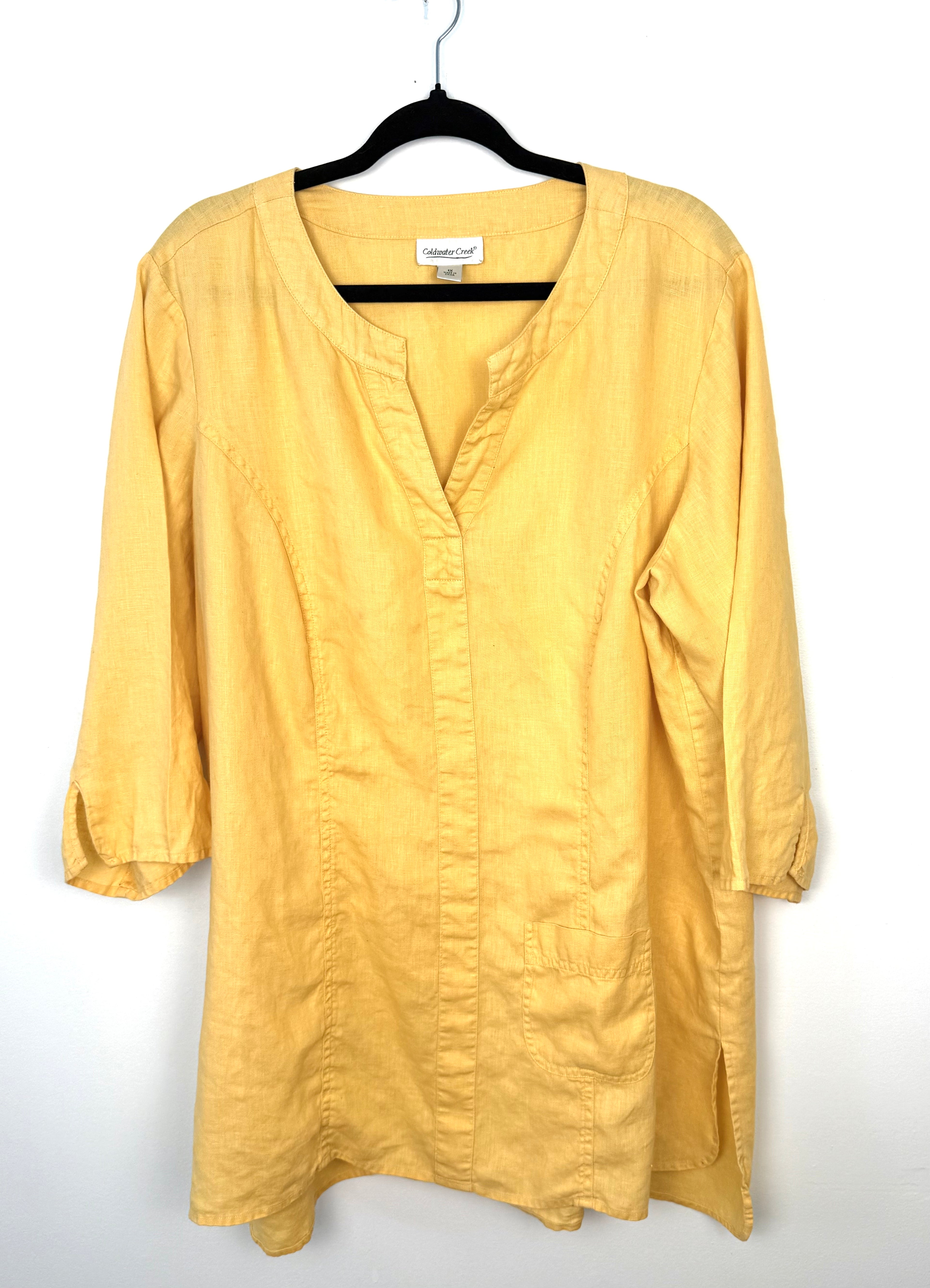 Coldwater Creek yellow button front linen tunic on black hanger 