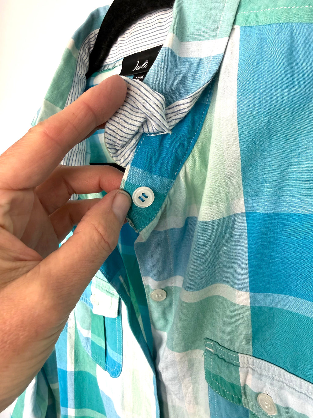 collar is still sewn - shirt not worn Resale 100% Cotton Juli Plaid Button Front Shirt | Aqua Coastal Casual Top at Blue Sparrow Shop
