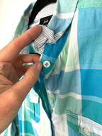 collar is still sewn - shirt not worn Resale 100% Cotton Juli Plaid Button Front Shirt | Aqua Coastal Casual Top at Blue Sparrow Shop