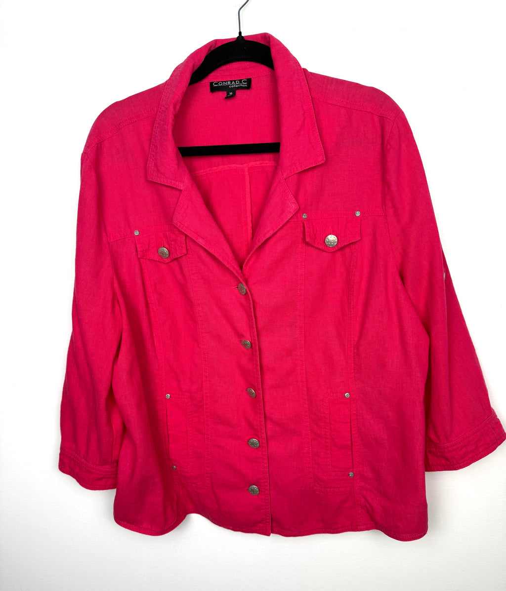 Conrad C Collection fuchsia linen blend utility jacket women size 18 button front lightweight blazer on hanger