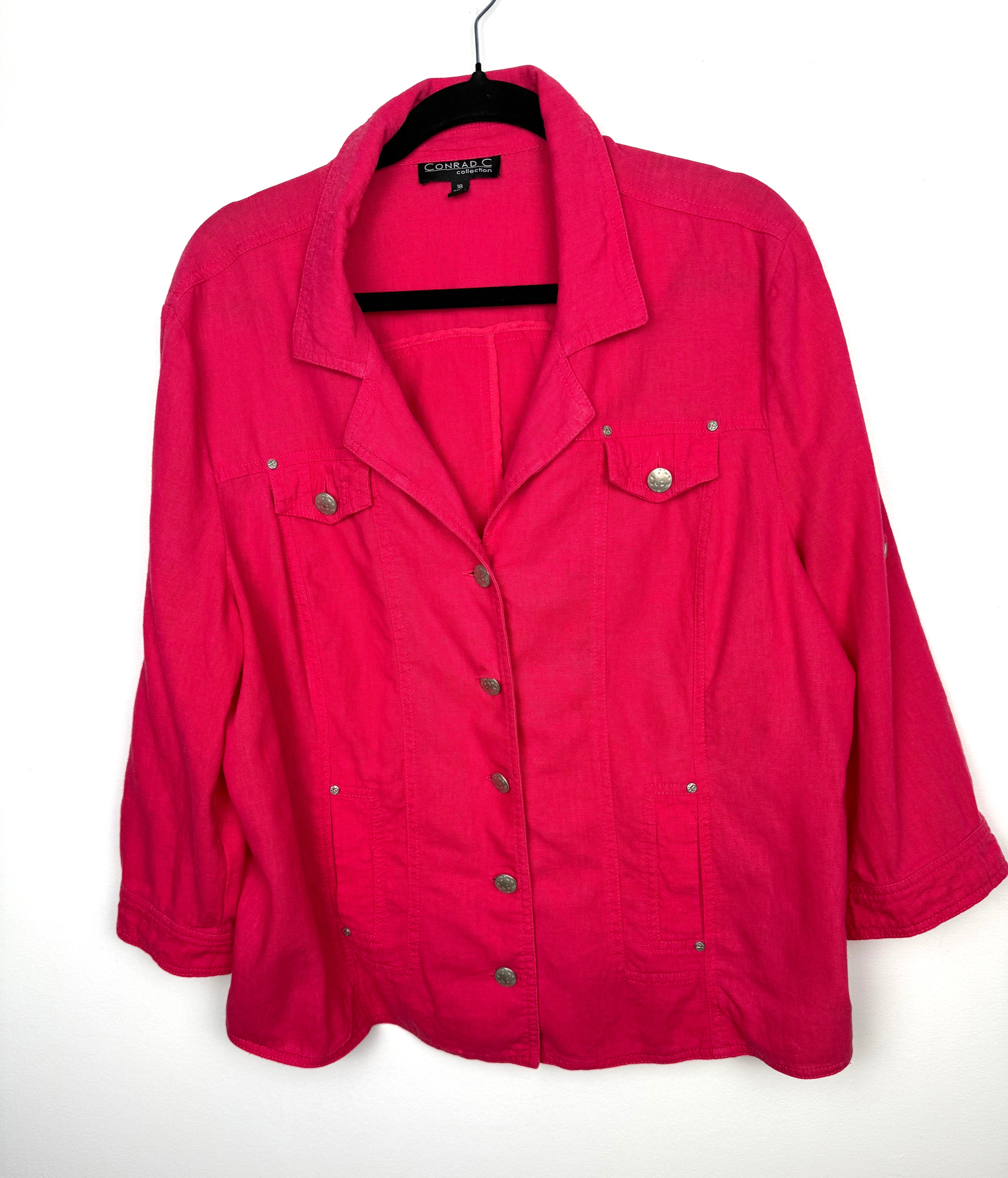 Conrad C Collection fuchsia linen blend utility jacket women size 18 button front lightweight blazer on hanger