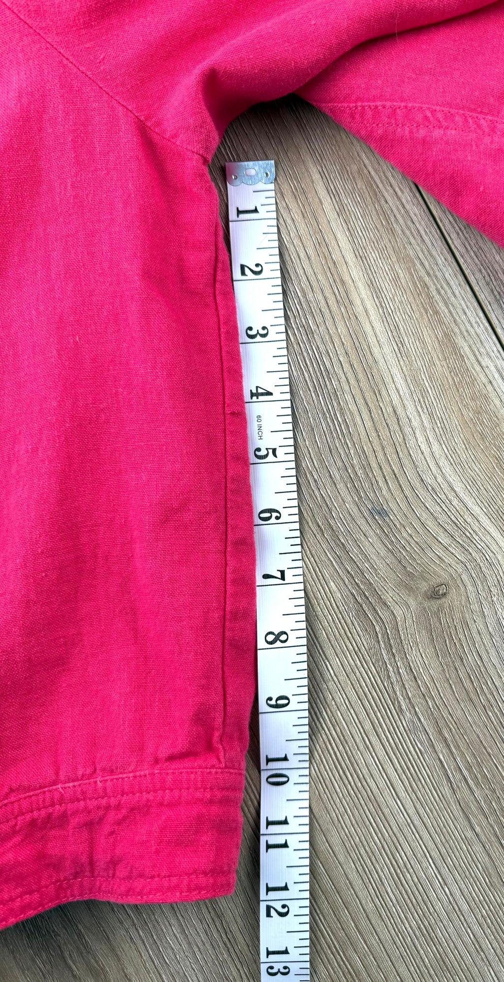 Conrad C linen blend jacket in hot pink measuring 12" sleeve 