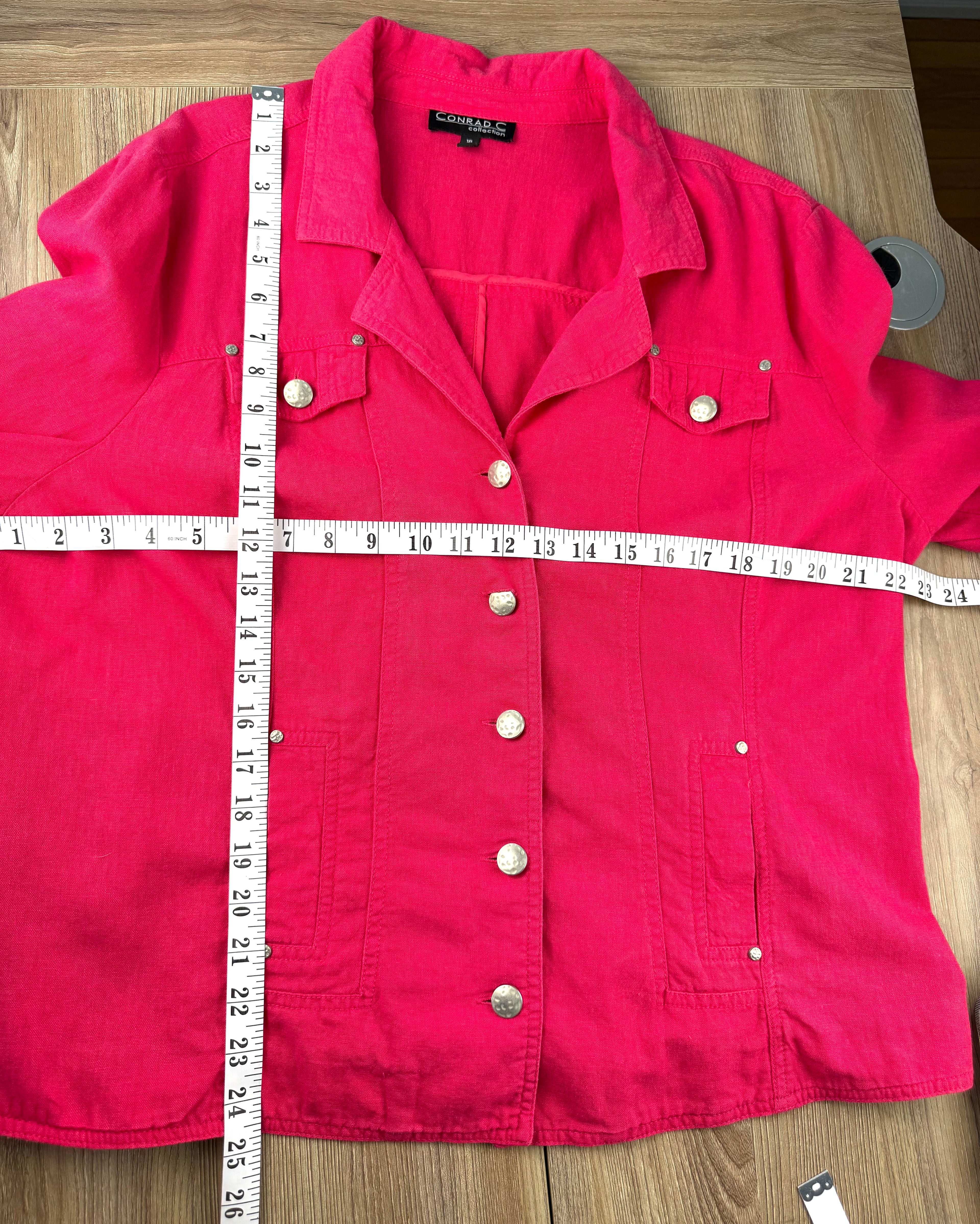 Conrad C linen blend jacket in hot pink measuring 44" bust 25" shoulder to hem