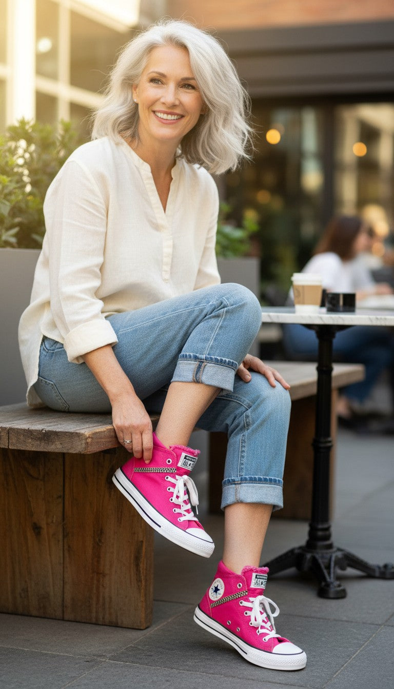 Converse Chuck Taylor High Tops | Size 8 at Blue Sparrow Shop on woman sitting on bench 