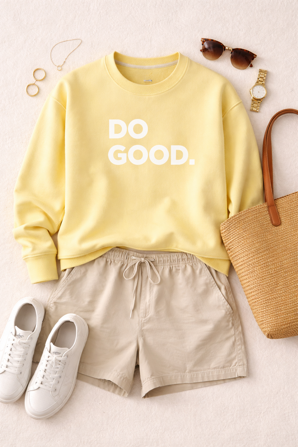 Cotopaxi Do Good Sweatshirt | Size XL at Blue Sparrow Shop on flatlay  with shorts, runners, purse, sunglasses