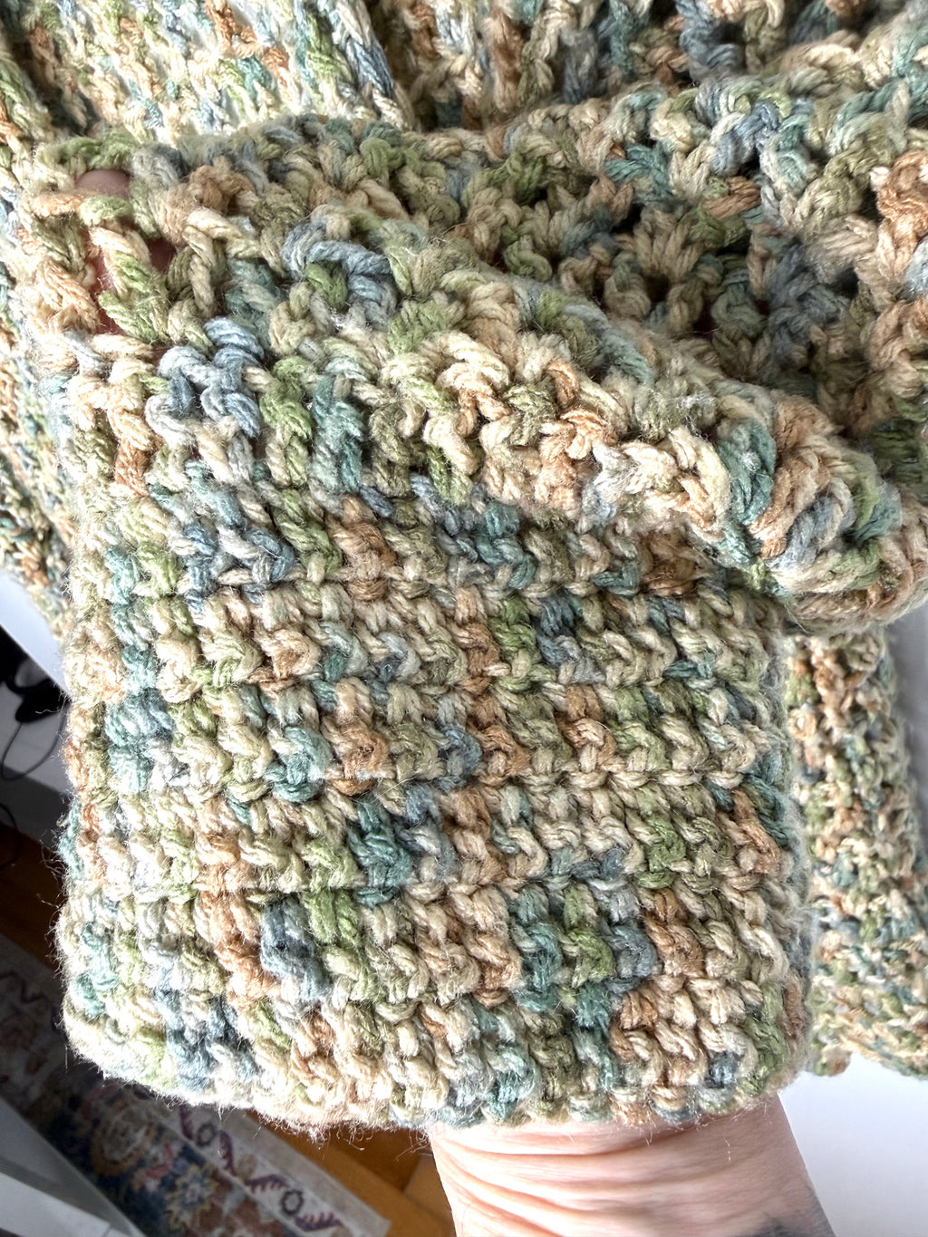 Cottagecore Handmade Crochet Cardigan in earth tones cuff detail