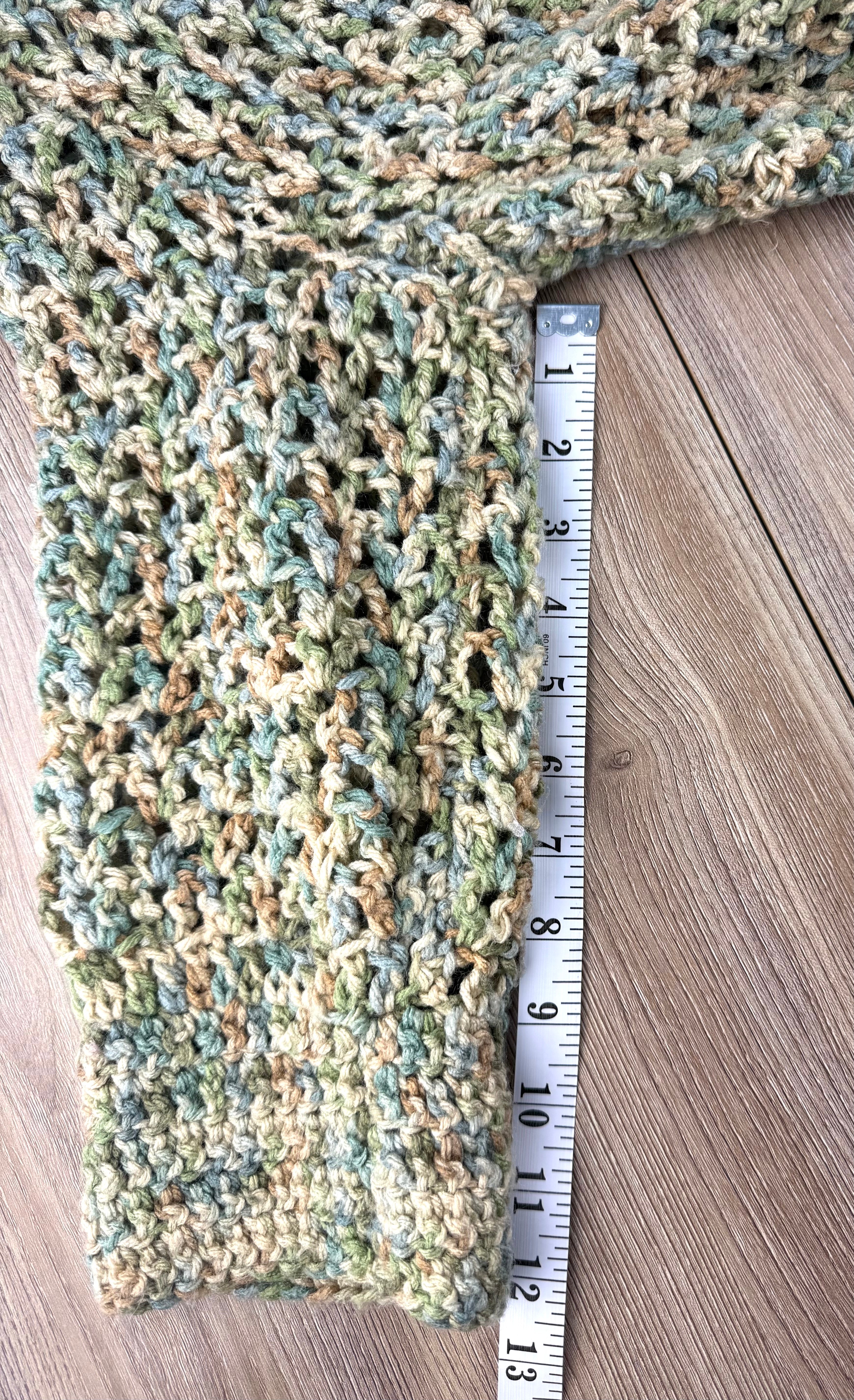 Cottagecore Handmade Crochet Cardigan in earth tones measuring 12" sleeve