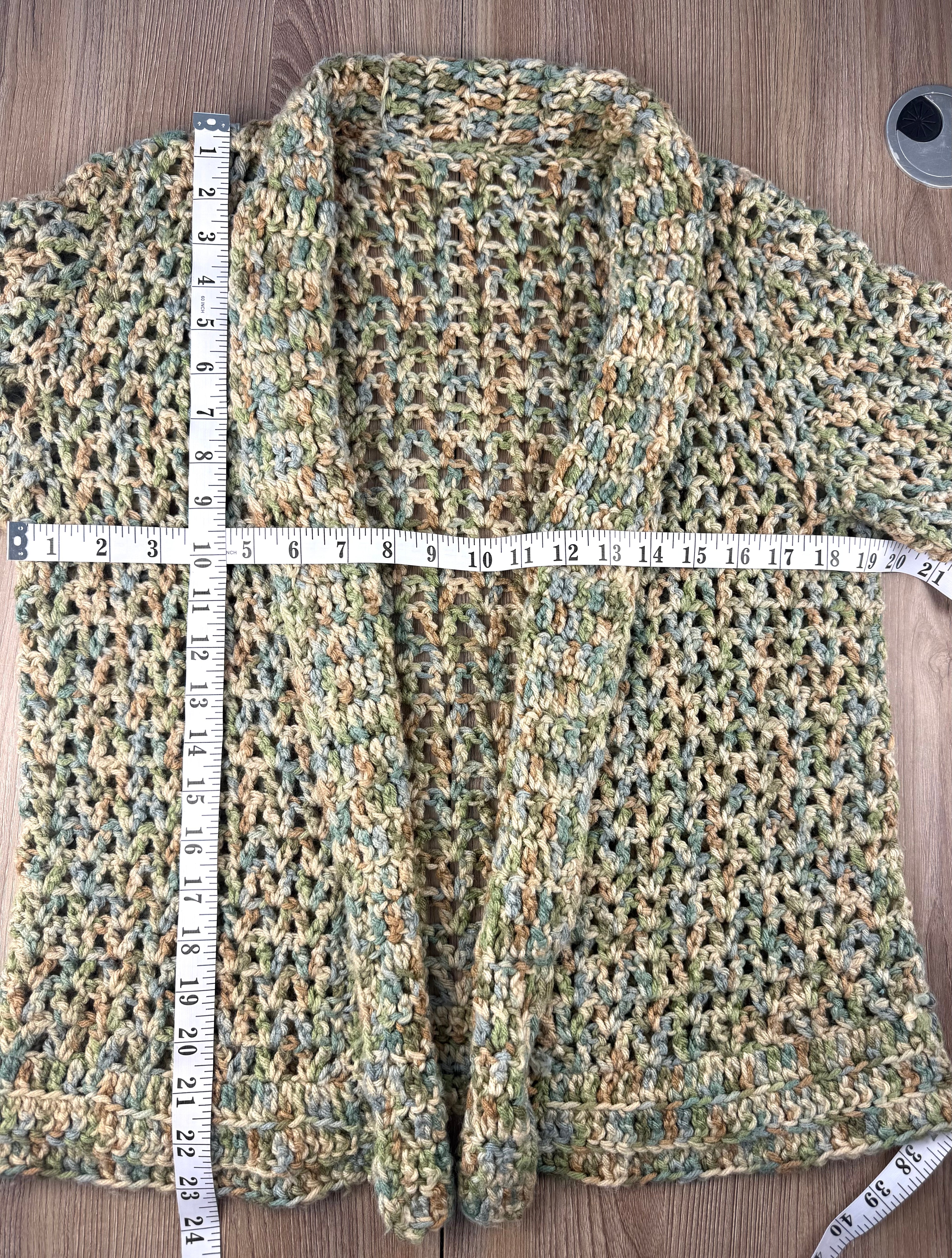 Cottagecore Handmade Crochet Cardigan in earth tones measuring 38" bust and 23" shoulder to hem 