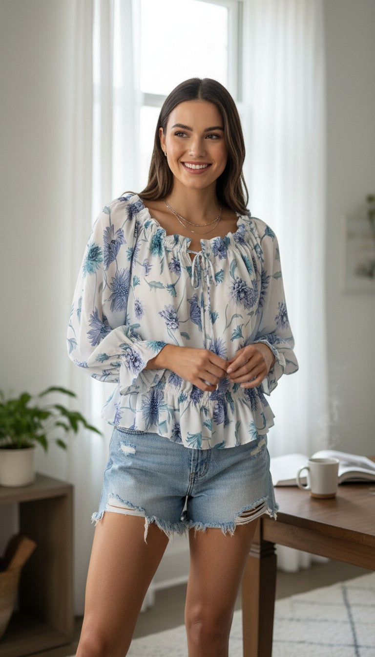 Cottagecore Ruffle Peasant Blouse | Size M at Blue Sparrow Shop on woman with denim shorts on 