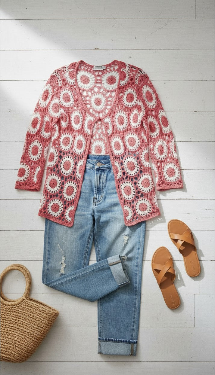 Cottagecore Vintage Cardigan at Blue Sparrow Shop size M on flatlay with jeans, sandals, purse