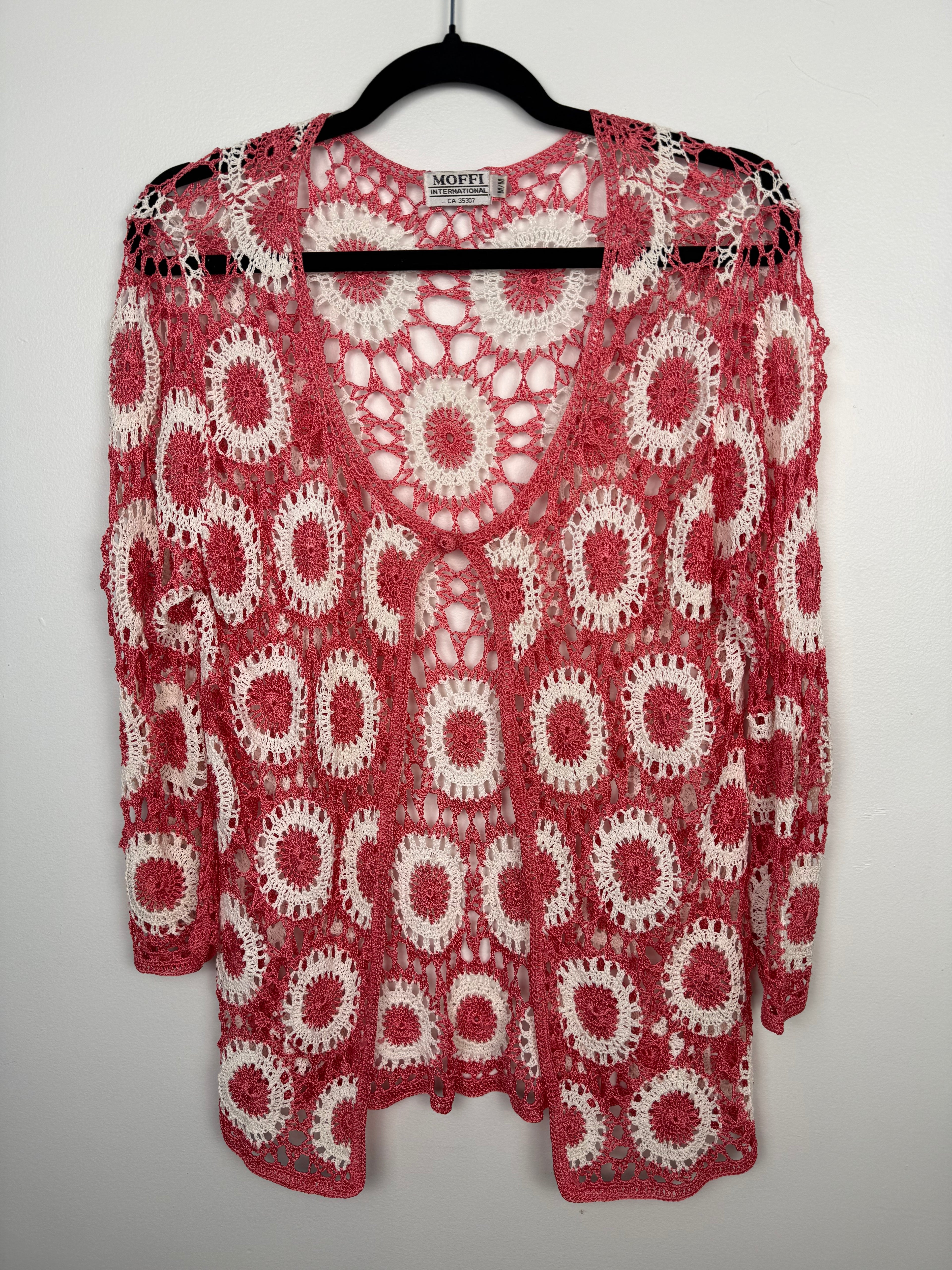 Cottagecore Vintage Style Crochet Cardigan at Blue Sparrow Shop size M on hanger