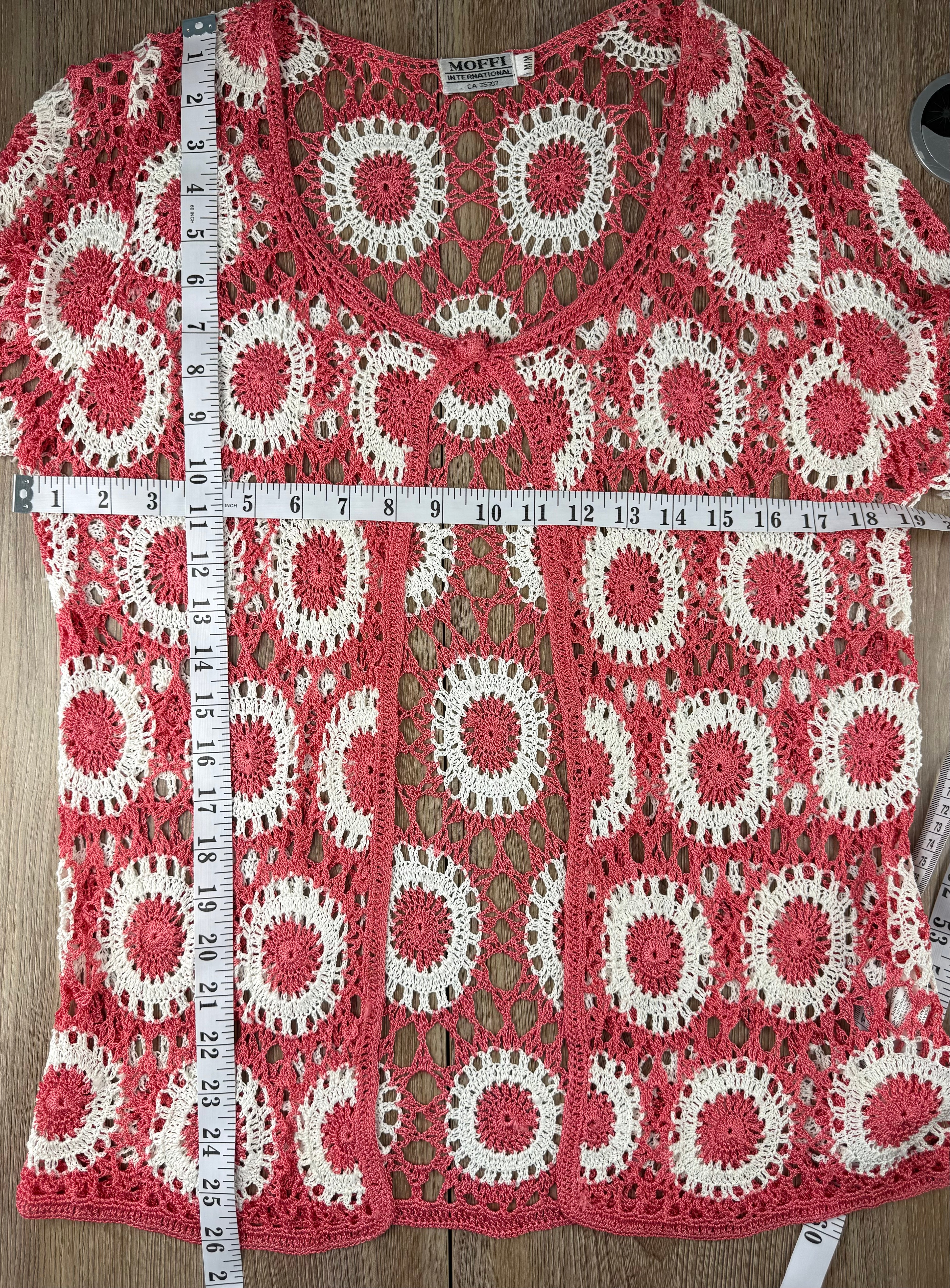 Cottagecore Vintage Style Crochet Cardigan at Blue Sparrow Shop size M measuring 38" bust and 26" shoulder to hem 