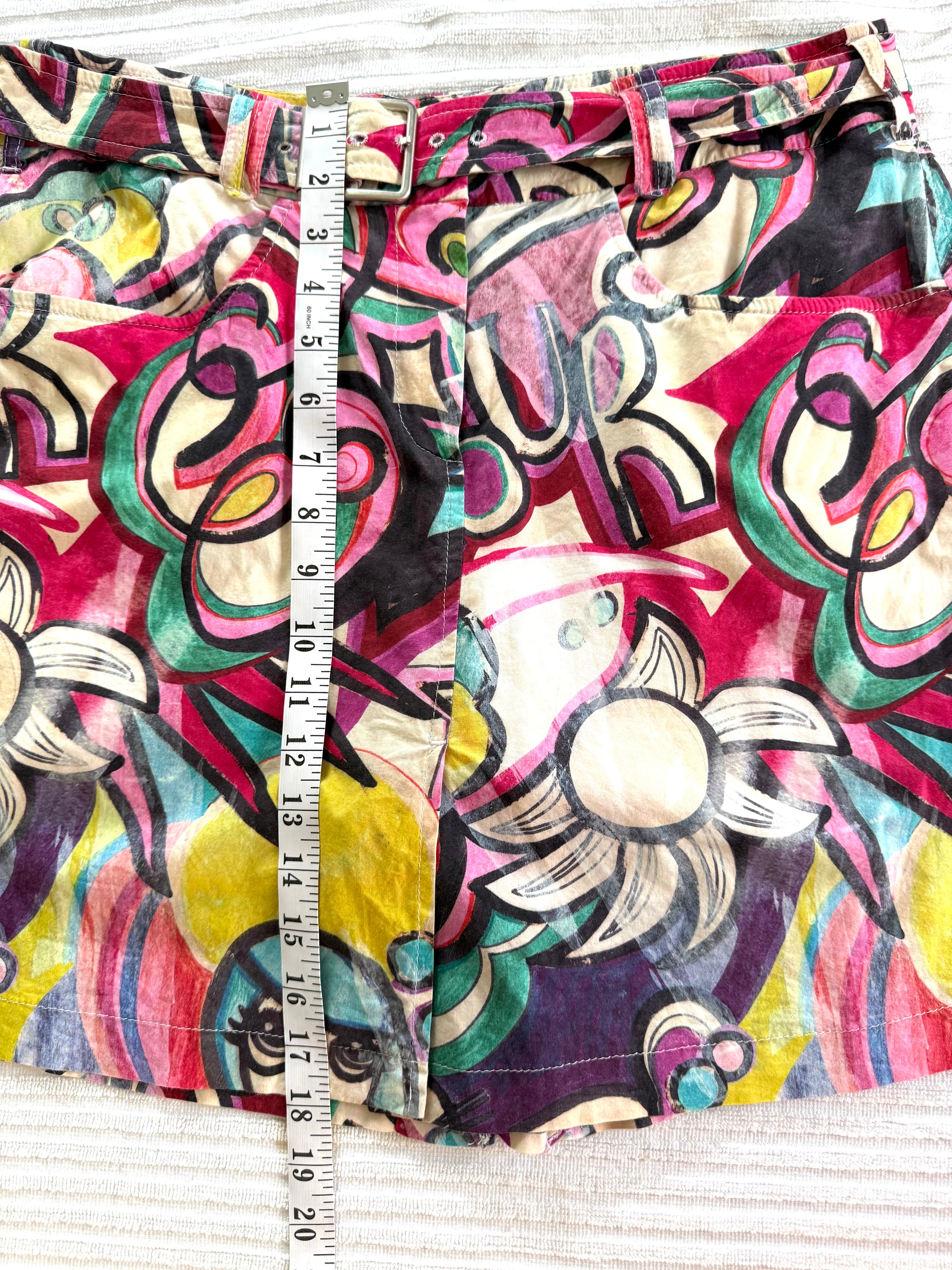 Cotton Abstract Print Belted Skort – Colourful Graphic Print Skort – Size L at Blue Sparrow Shop measuring 18" length