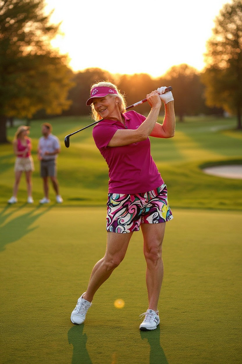 Cotton Abstract Print Belted Skort – Colourful Graphic Print Skort – Size L at Blue Sparrow Shop on woman golfing 